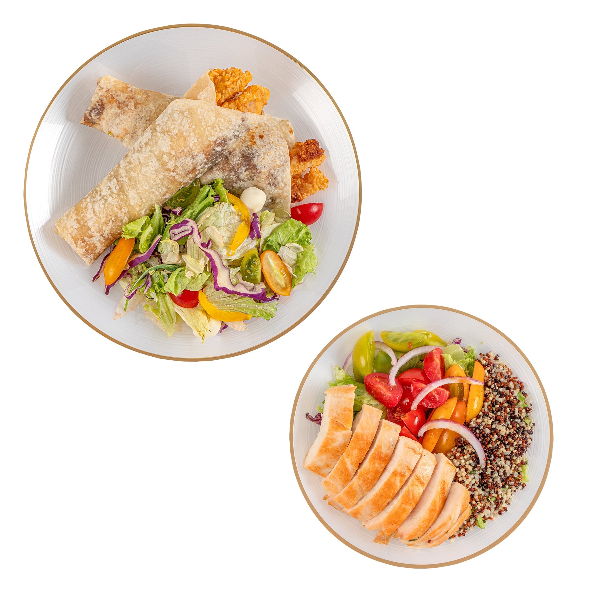 Moderna Round White Translucent Plastic Gold-Rimmed Plate Set - Rippled, Includes 7 1/4" and 10" Plates - 40 count box