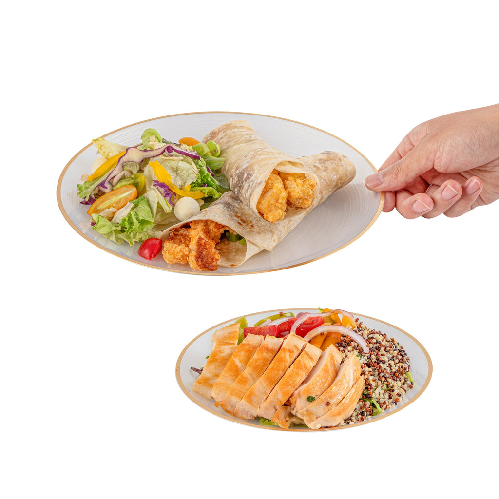 Moderna Round White Translucent Plastic Gold-Rimmed Plate Set - Rippled, Includes 7 1/4" and 10" Plates - 40 count box