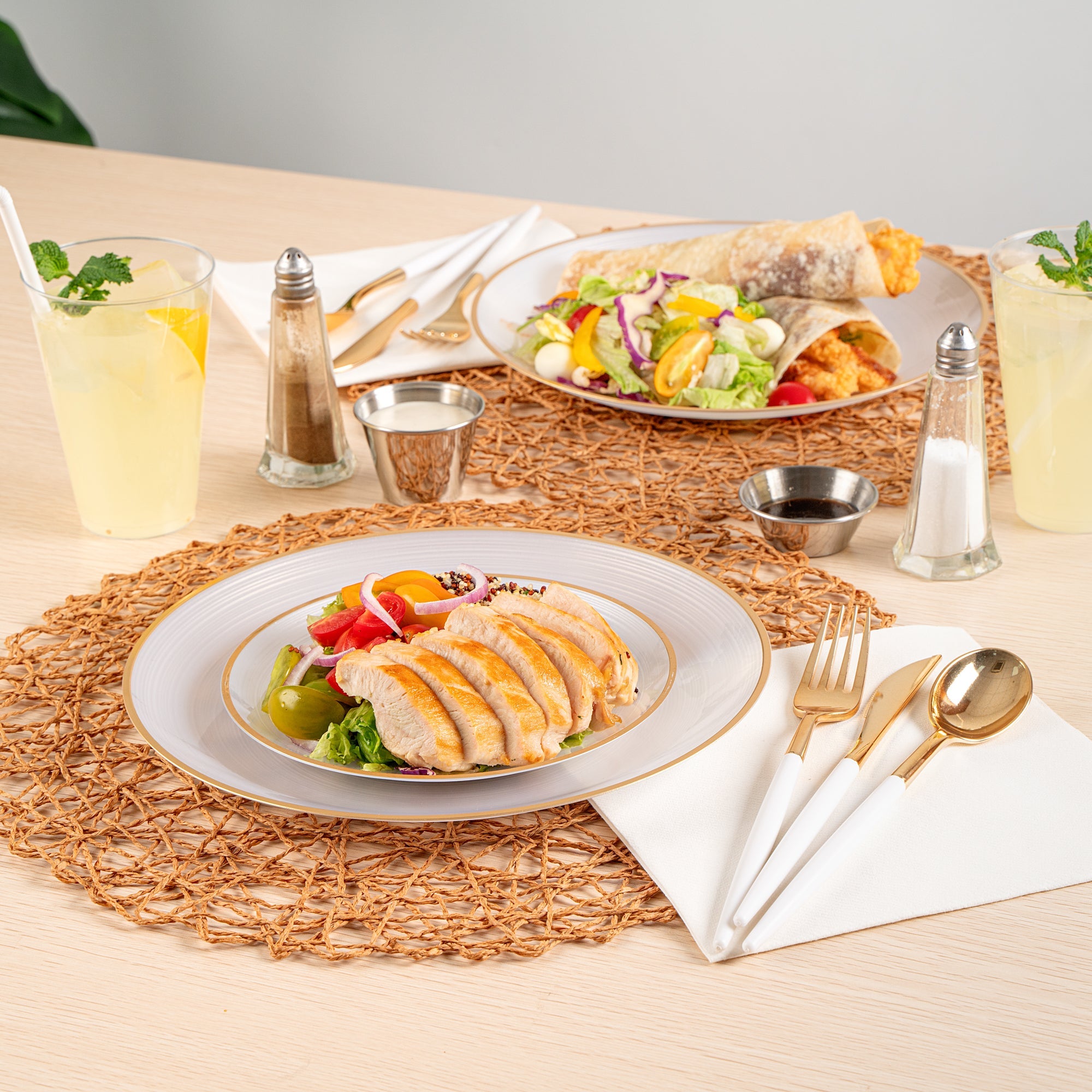 Moderna Round White Translucent Plastic Gold-Rimmed Plate Set - Rippled, Includes 7 1/4" and 10" Plates - 40 count box