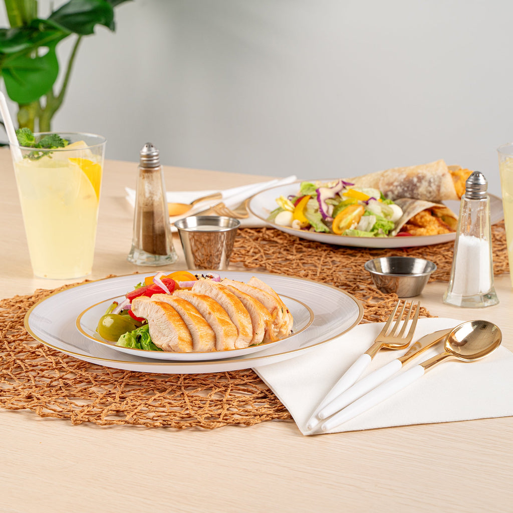 Moderna Round White Translucent Plastic Gold-Rimmed Plate Set - Rippled, Includes 7 1/4" and 10" Plates - 40 count box