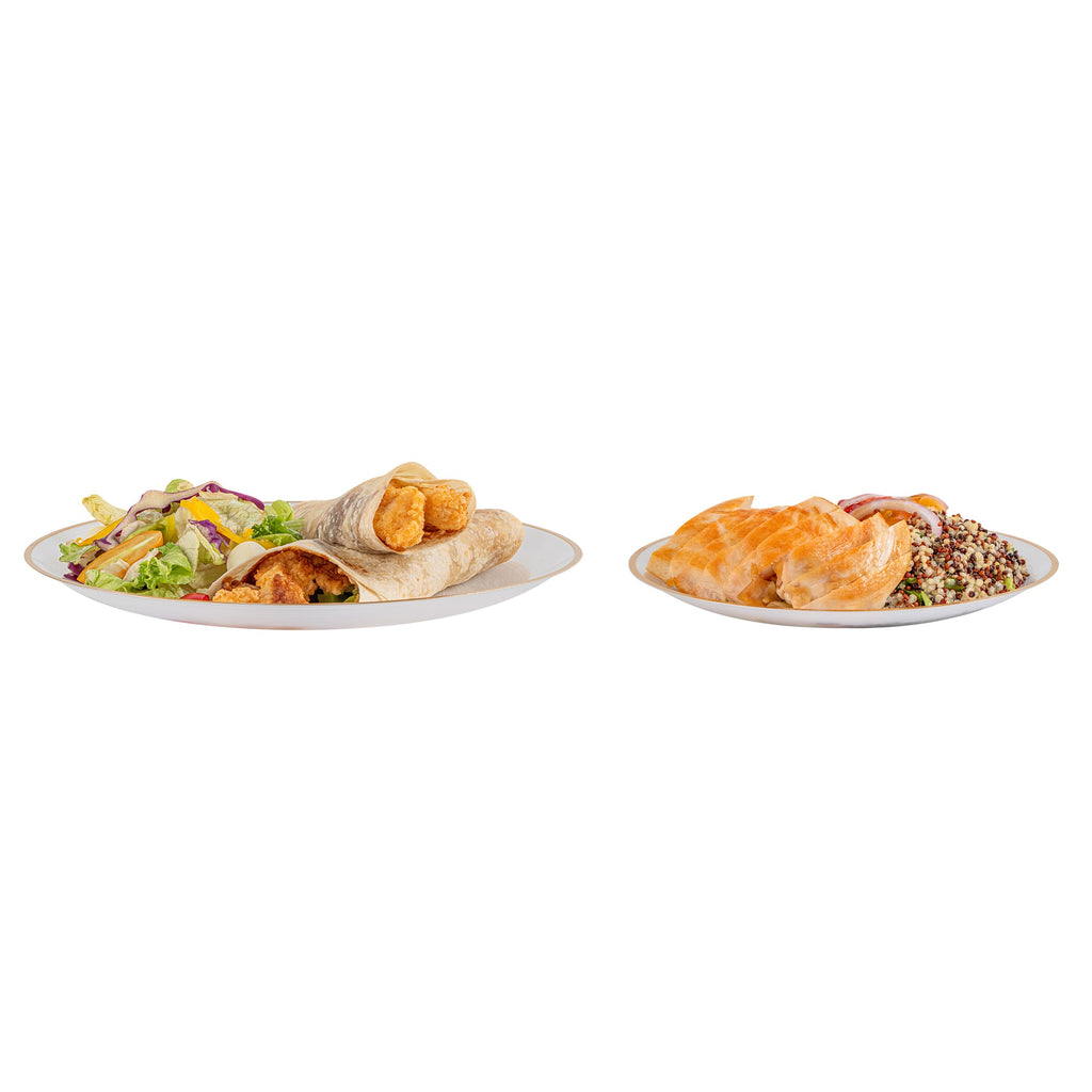 Moderna Round White Translucent Plastic Gold-Rimmed Plate Set - Rippled, Includes 7 1/4" and 10" Plates - 200 count box