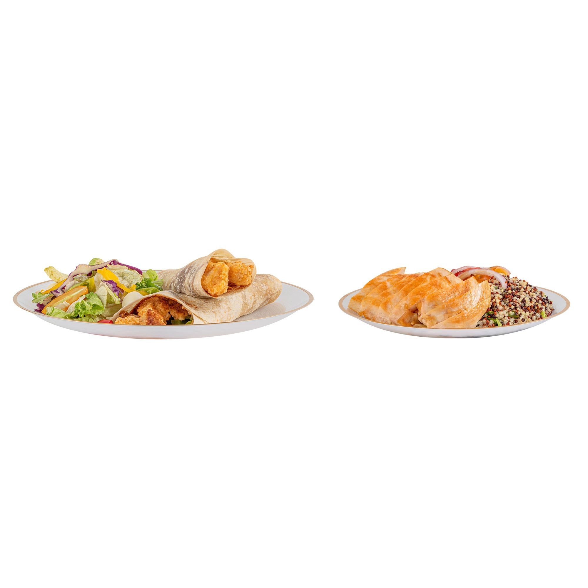 Moderna Round White Translucent Plastic Gold-Rimmed Plate Set - Rippled, Includes 7 1/4" and 10" Plates - 200 count box