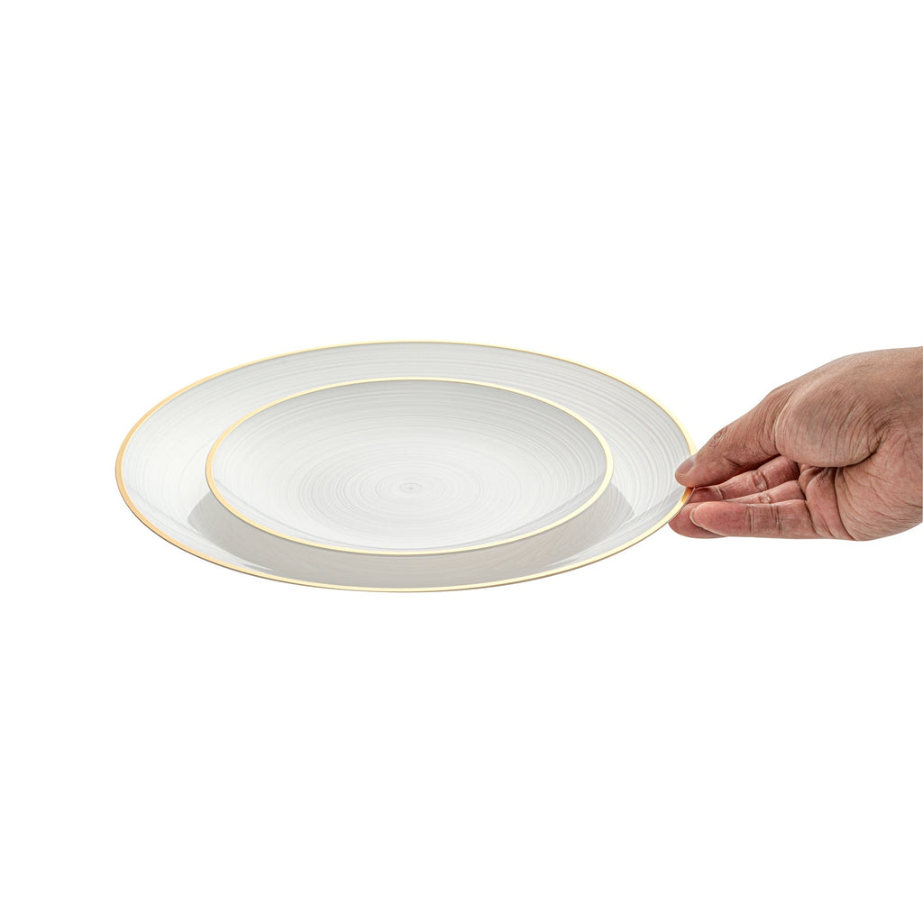 Moderna Round White Translucent Plastic Gold-Rimmed Plate Set - Rippled, Includes 7 1/4" and 10" Plates - 200 count box