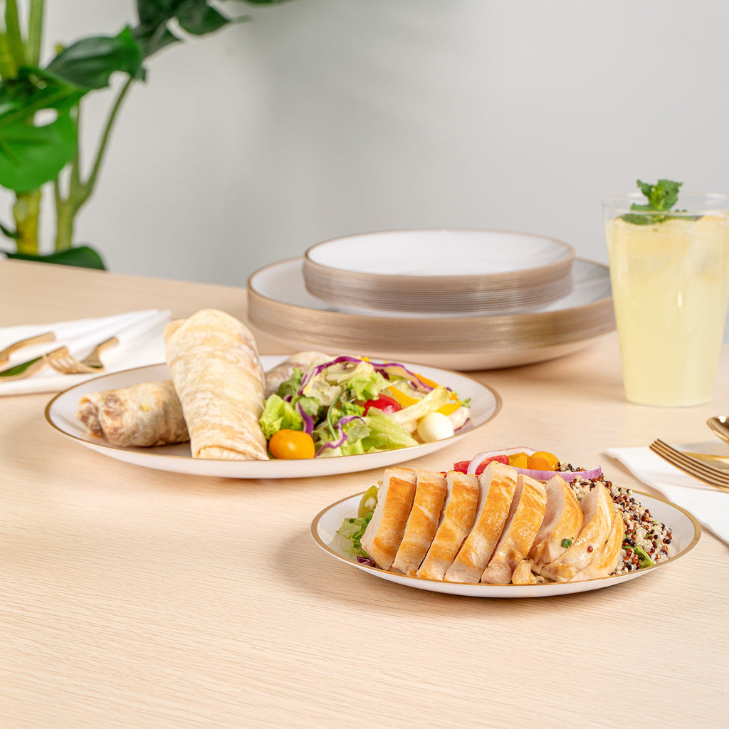 Moderna Round White Translucent Plastic Gold-Rimmed Plate Set - Rippled, Includes 7 1/4" and 10" Plates - 200 count box