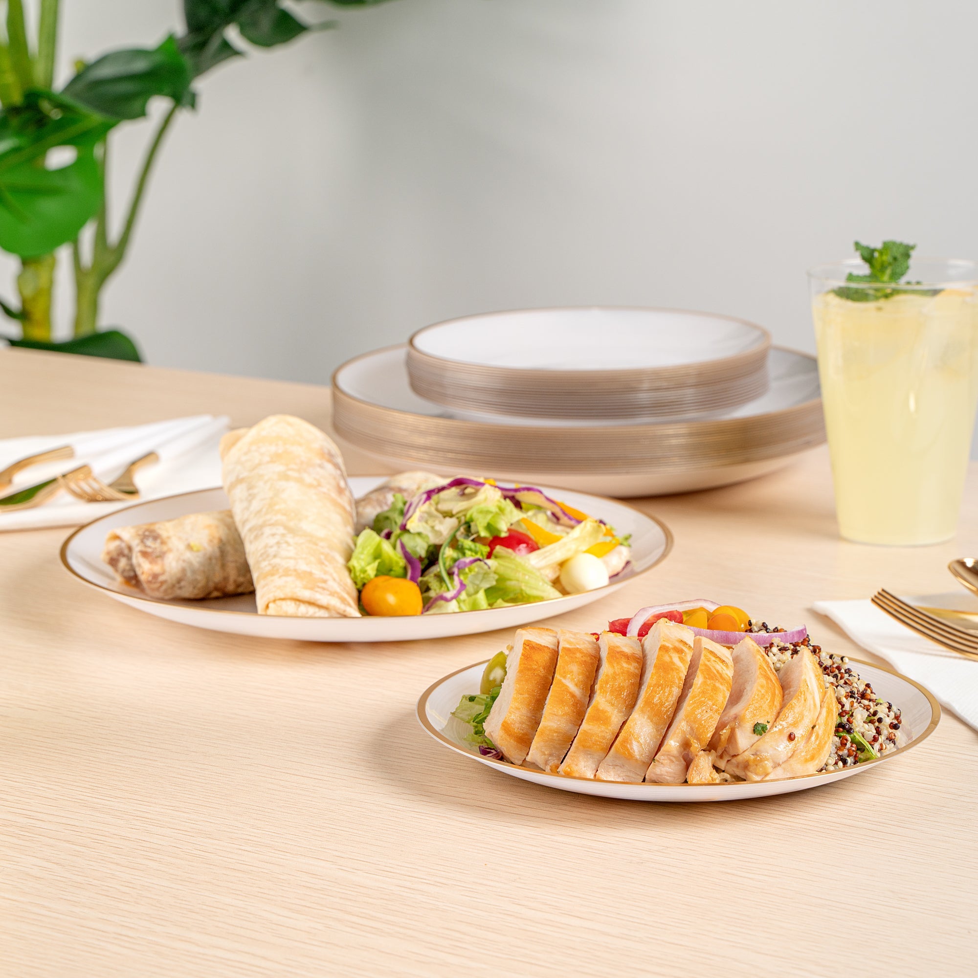 Moderna Round White Translucent Plastic Gold-Rimmed Plate Set - Rippled, Includes 7 1/4" and 10" Plates - 200 count box