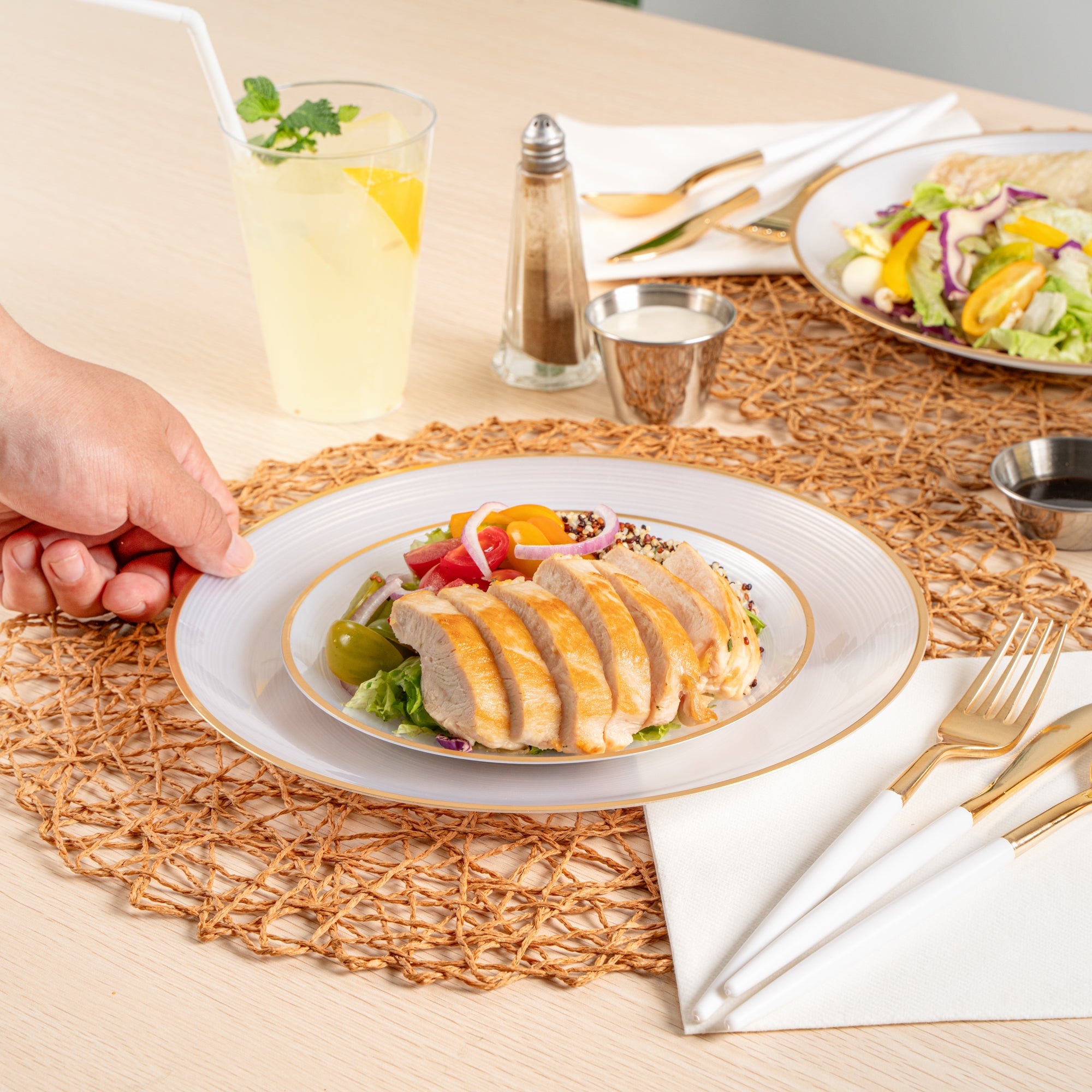 Moderna Round White Translucent Plastic Gold-Rimmed Plate Set - Rippled, Includes 7 1/4" and 10" Plates - 200 count box