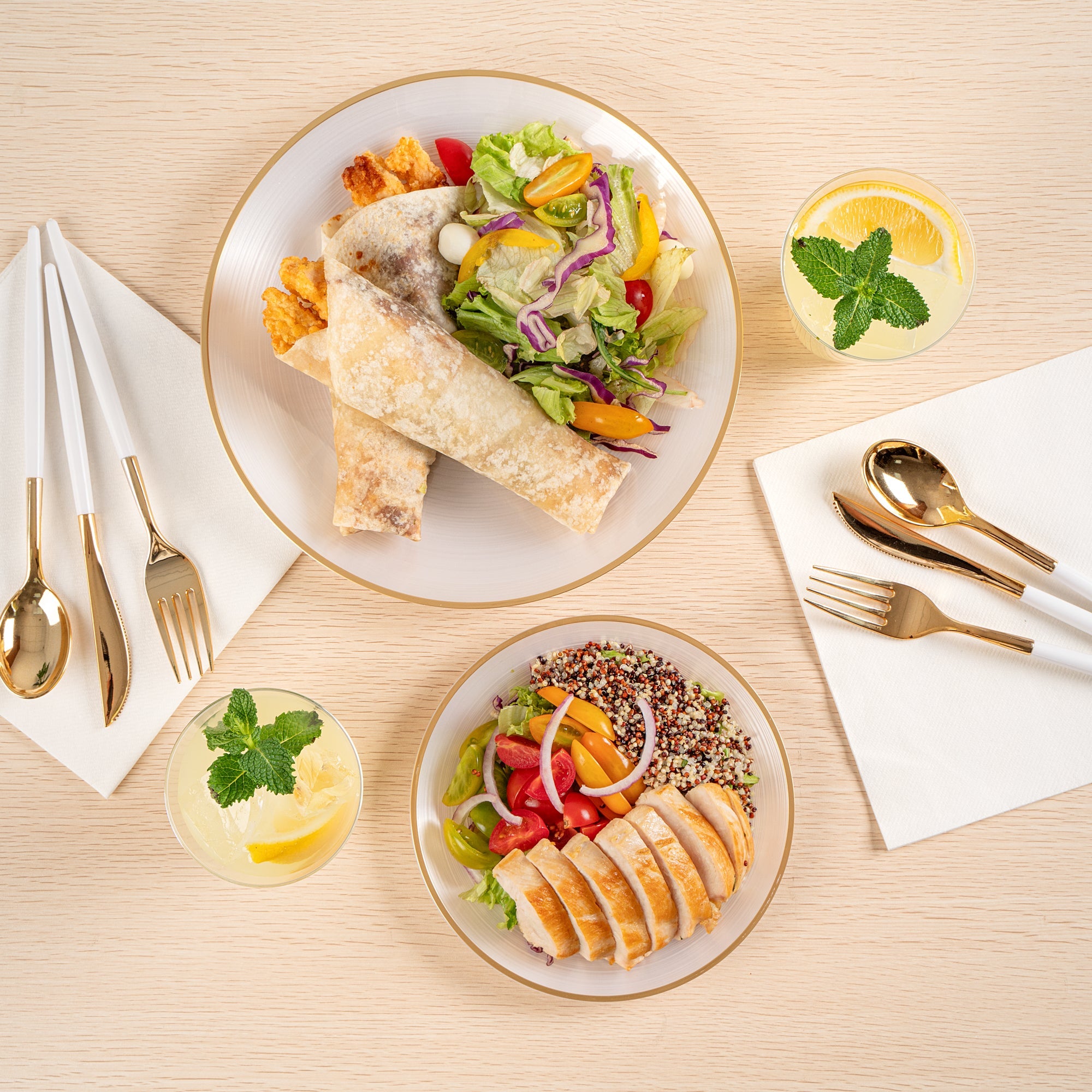 Moderna Round White Translucent Plastic Gold-Rimmed Plate Set - Rippled, Includes 7 1/4" and 10" Plates - 200 count box