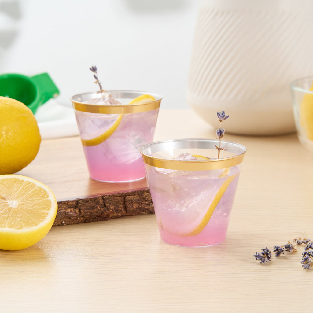 Chef 101 5 oz Clear Plastic Tumbler - with Gold Rim - 2 3/4" x 2 3/4" x 2 1/4" - 500 count box