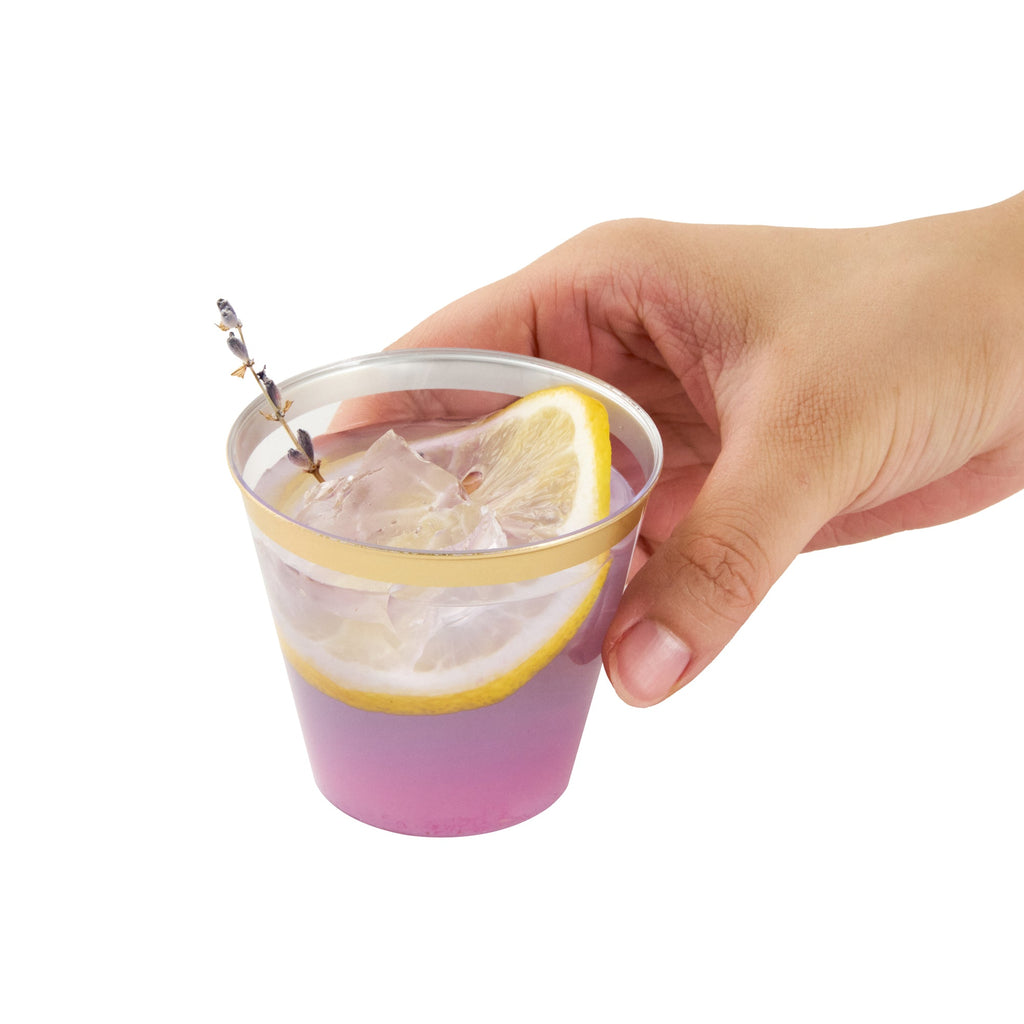 Chef 101 5 oz Clear Plastic Tumbler - with Gold Rim - 2 3/4" x 2 3/4" x 2 1/4" - 500 count box