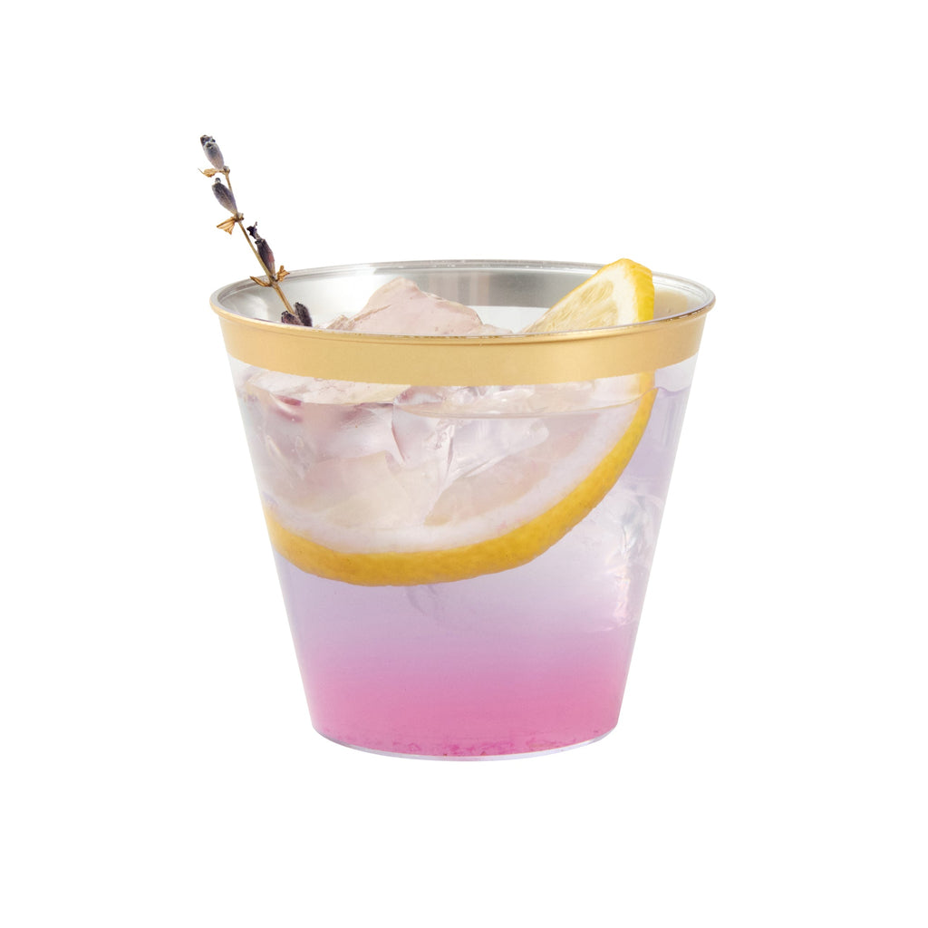 Chef 101 5 oz Clear Plastic Tumbler - with Gold Rim - 2 3/4" x 2 3/4" x 2 1/4" - 500 count box