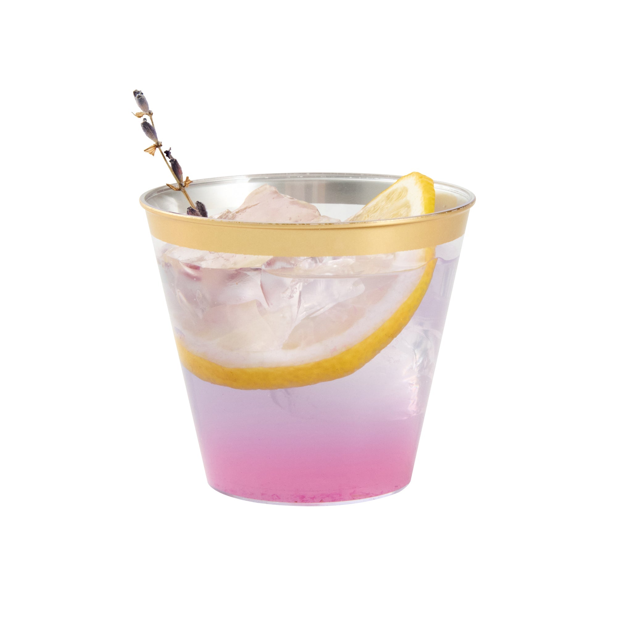 Chef 101 5 oz Clear Plastic Tumbler - with Gold Rim - 2 3/4" x 2 3/4" x 2 1/4" - 500 count box