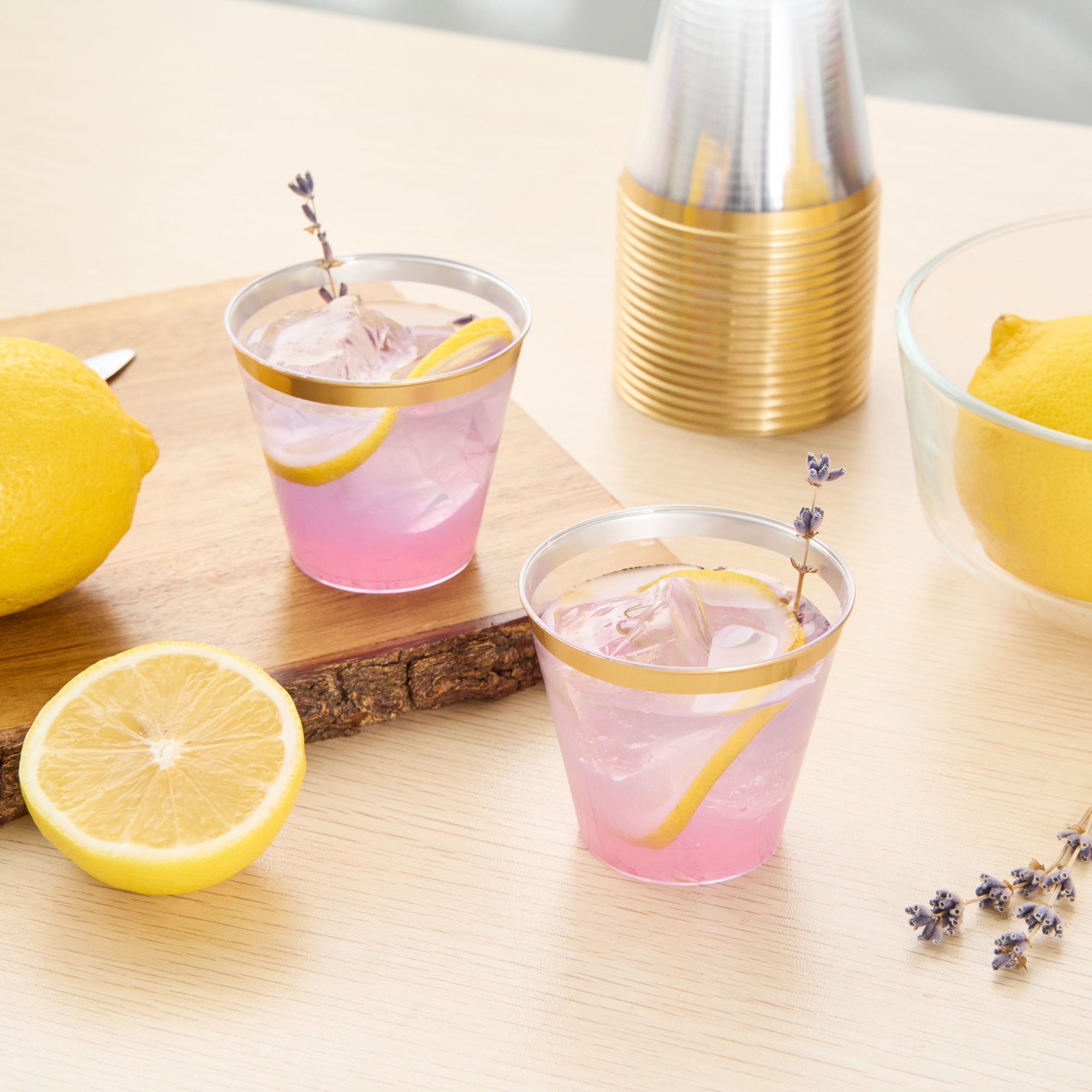 Chef 101 5 oz Clear Plastic Tumbler - with Gold Rim - 2 3/4" x 2 3/4" x 2 1/4" - 500 count box