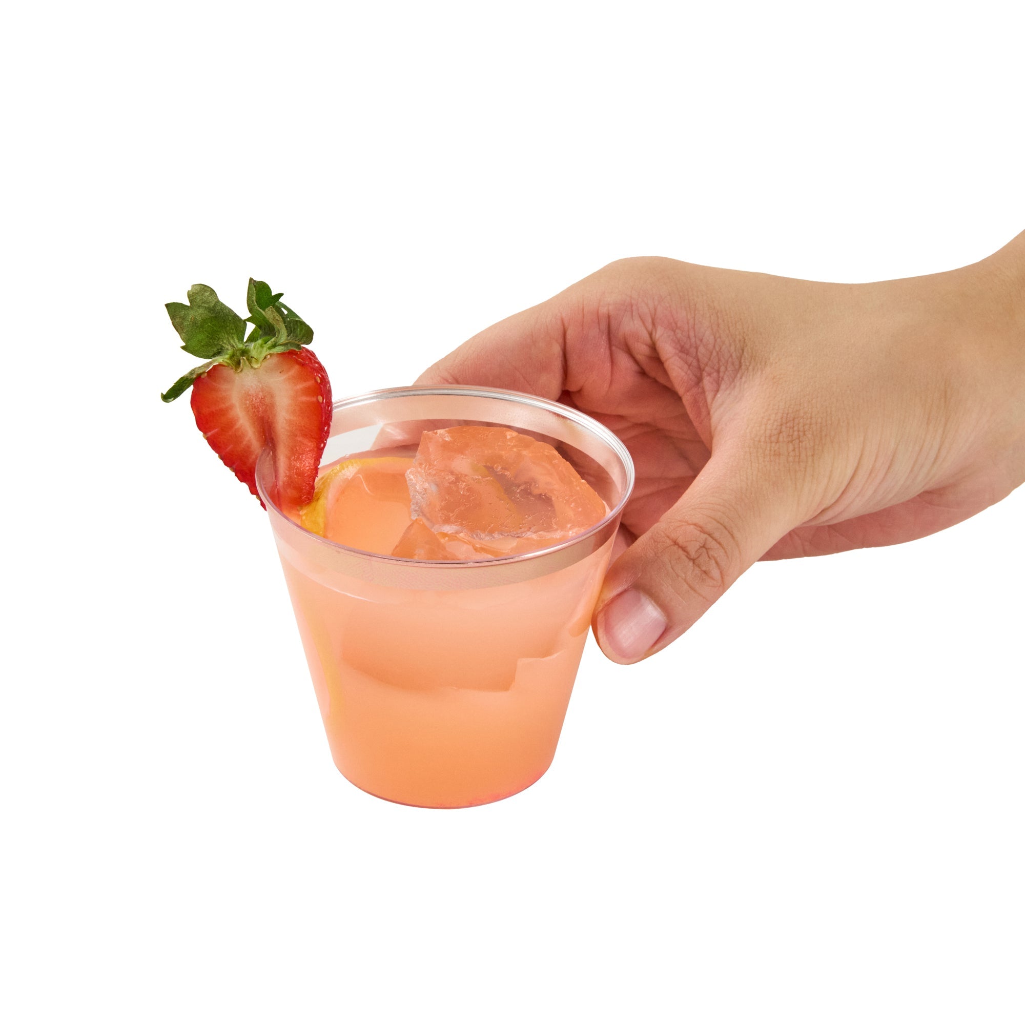 Chef 101 5 oz Clear Plastic Tumbler - with Rose Gold Rim - 2 3/4" x 2 3/4" x 2 1/4" - 20 count box