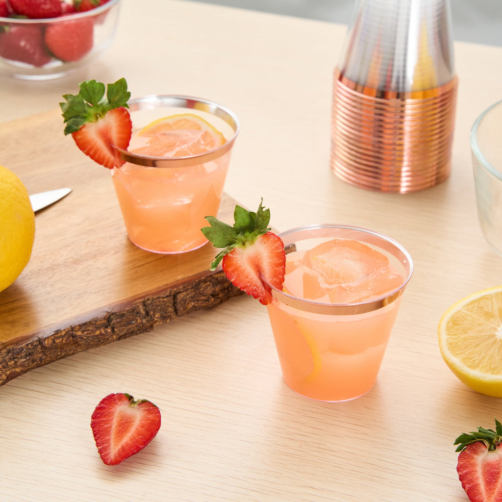 Chef 101 5 oz Clear Plastic Tumbler - with Rose Gold Rim - 2 3/4" x 2 3/4" x 2 1/4" - 20 count box