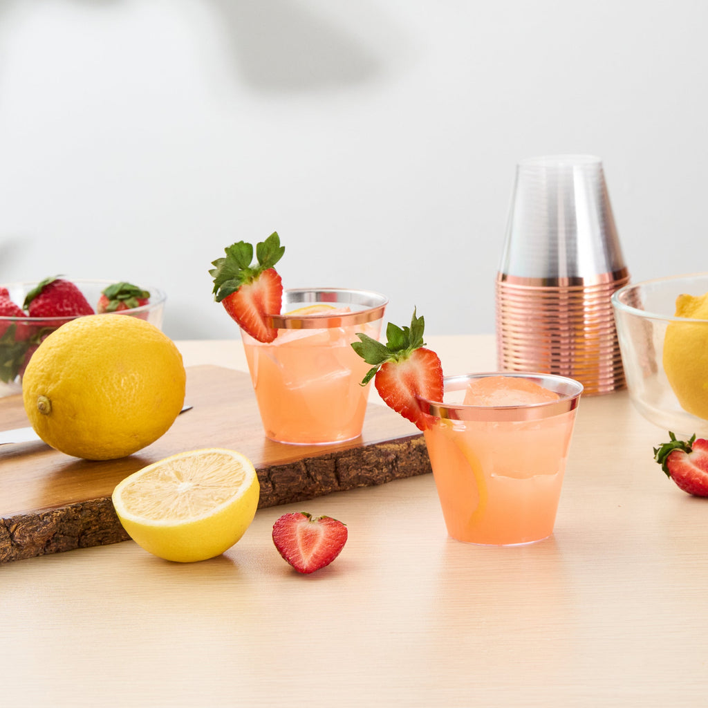 Chef 101 5 oz Clear Plastic Tumbler - with Rose Gold Rim - 2 3/4" x 2 3/4" x 2 1/4" - 20 count box