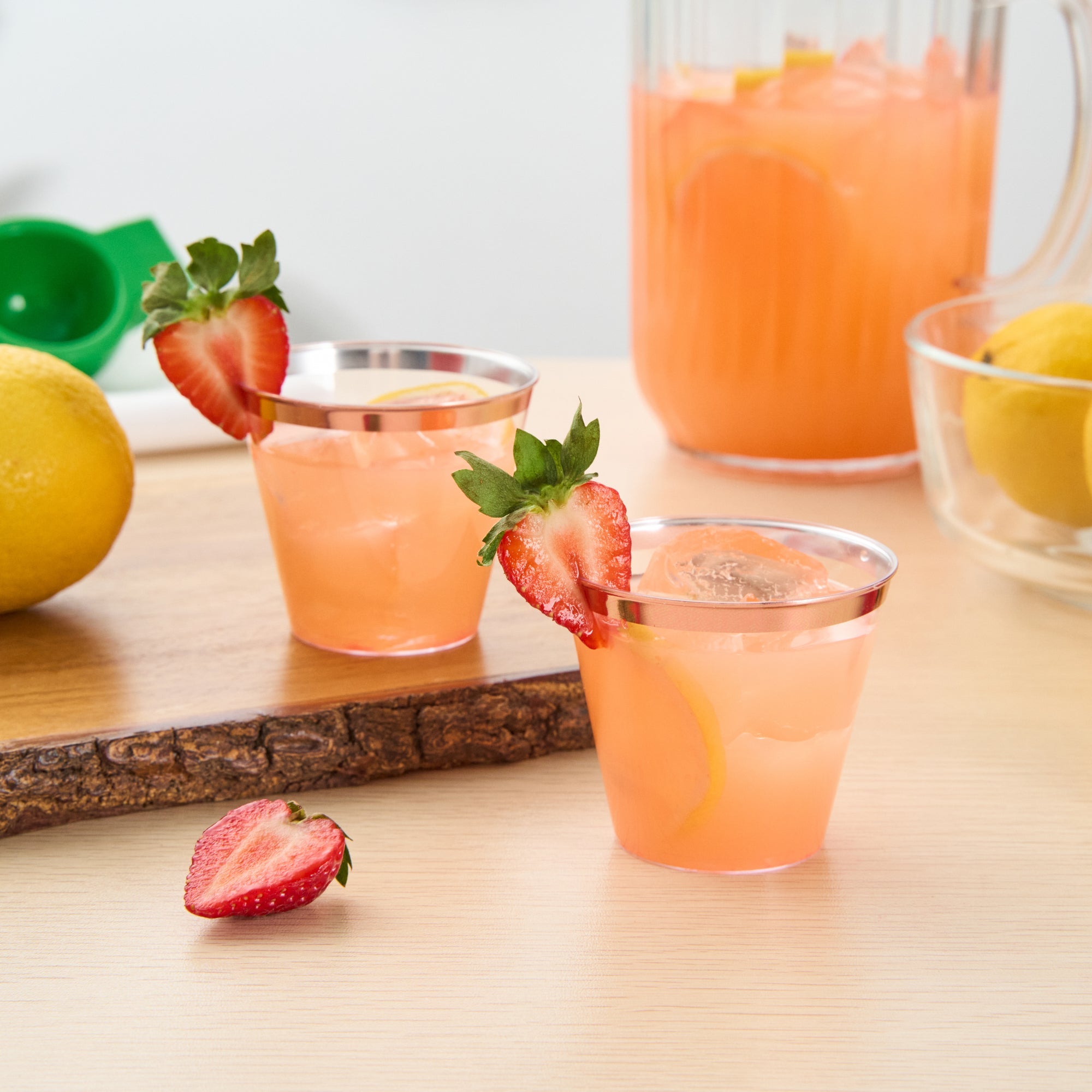 Chef 101 5 oz Clear Plastic Tumbler - with Rose Gold Rim - 2 3/4" x 2 3/4" x 2 1/4" - 20 count box