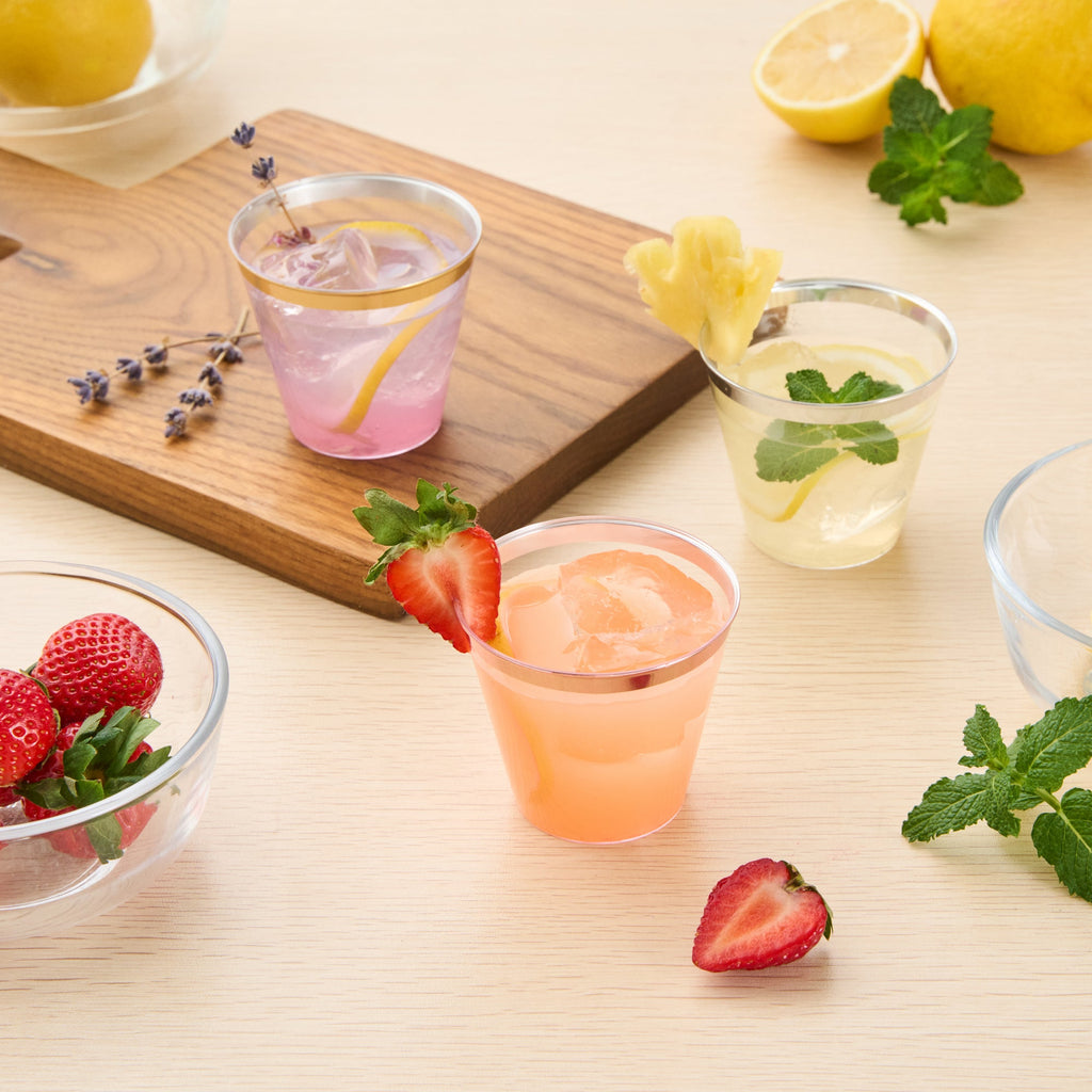 Chef 101 5 oz Clear Plastic Tumbler - with Rose Gold Rim - 2 3/4" x 2 3/4" x 2 1/4" - 20 count box
