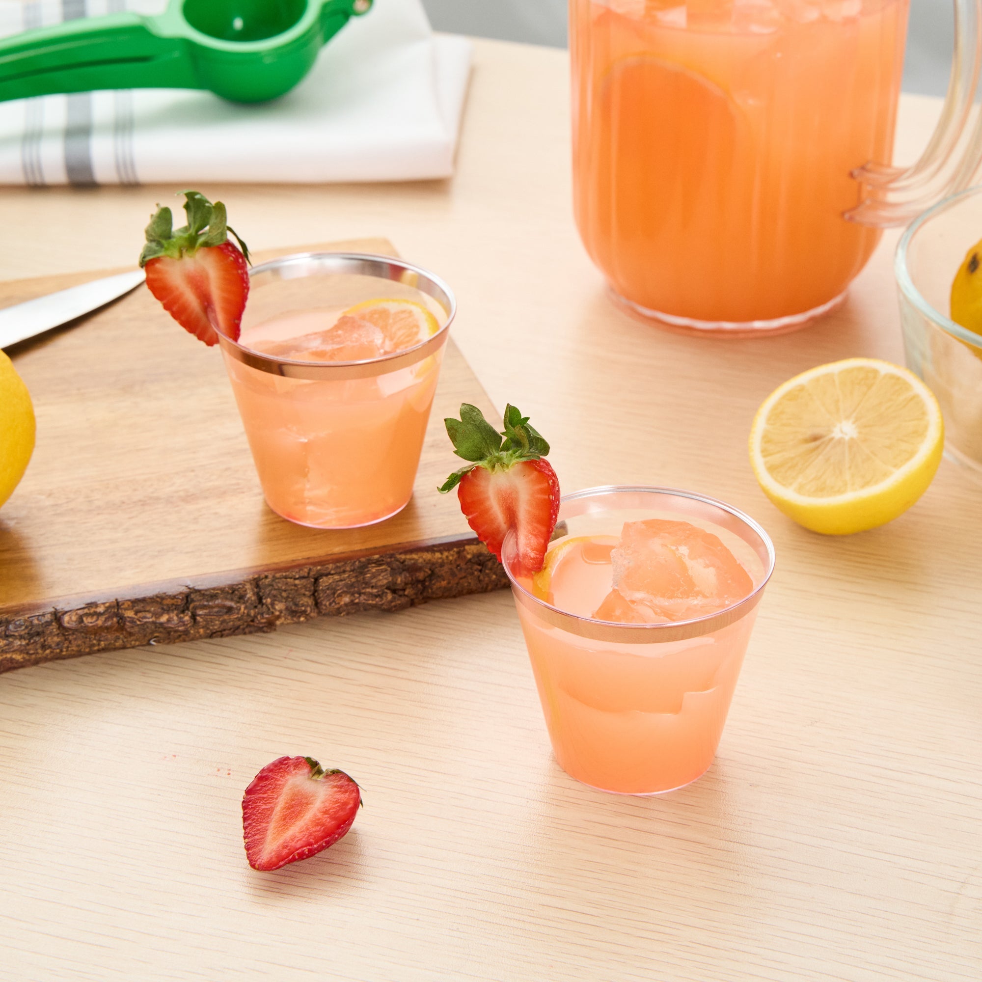 Chef 101 5 oz Clear Plastic Tumbler - with Rose Gold Rim - 2 3/4" x 2 3/4" x 2 1/4" - 500 count box