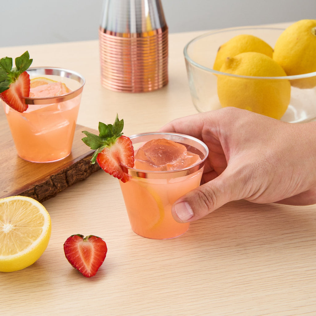 Chef 101 5 oz Clear Plastic Tumbler - with Rose Gold Rim - 2 3/4" x 2 3/4" x 2 1/4" - 500 count box