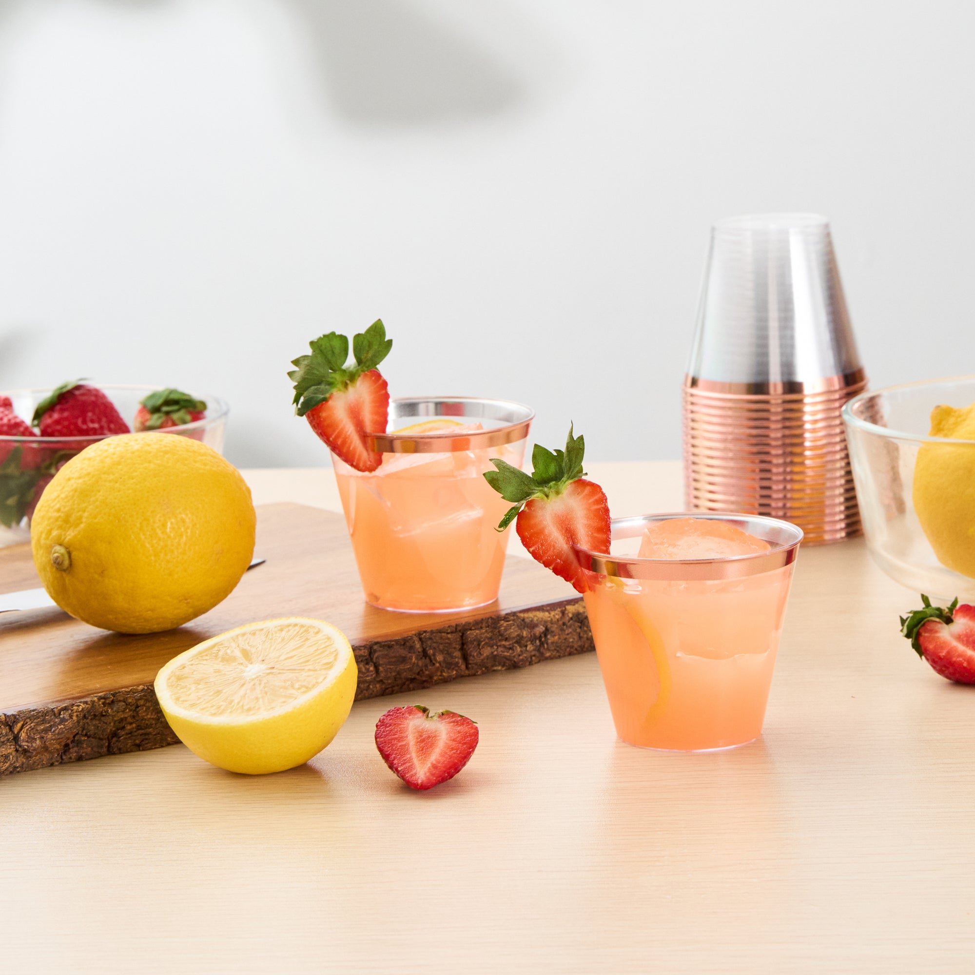 Chef 101 5 oz Clear Plastic Tumbler - with Rose Gold Rim - 2 3/4" x 2 3/4" x 2 1/4" - 500 count box