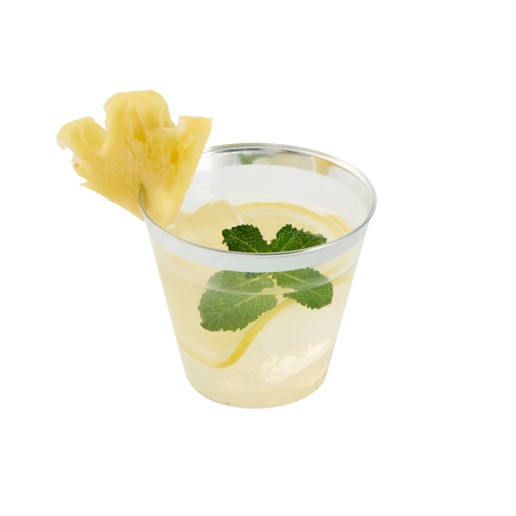 Chef 101 5 oz Clear Plastic Tumbler - with Silver Rim - 2 3/4" x 2 3/4" x 2 1/4" - 20 count box