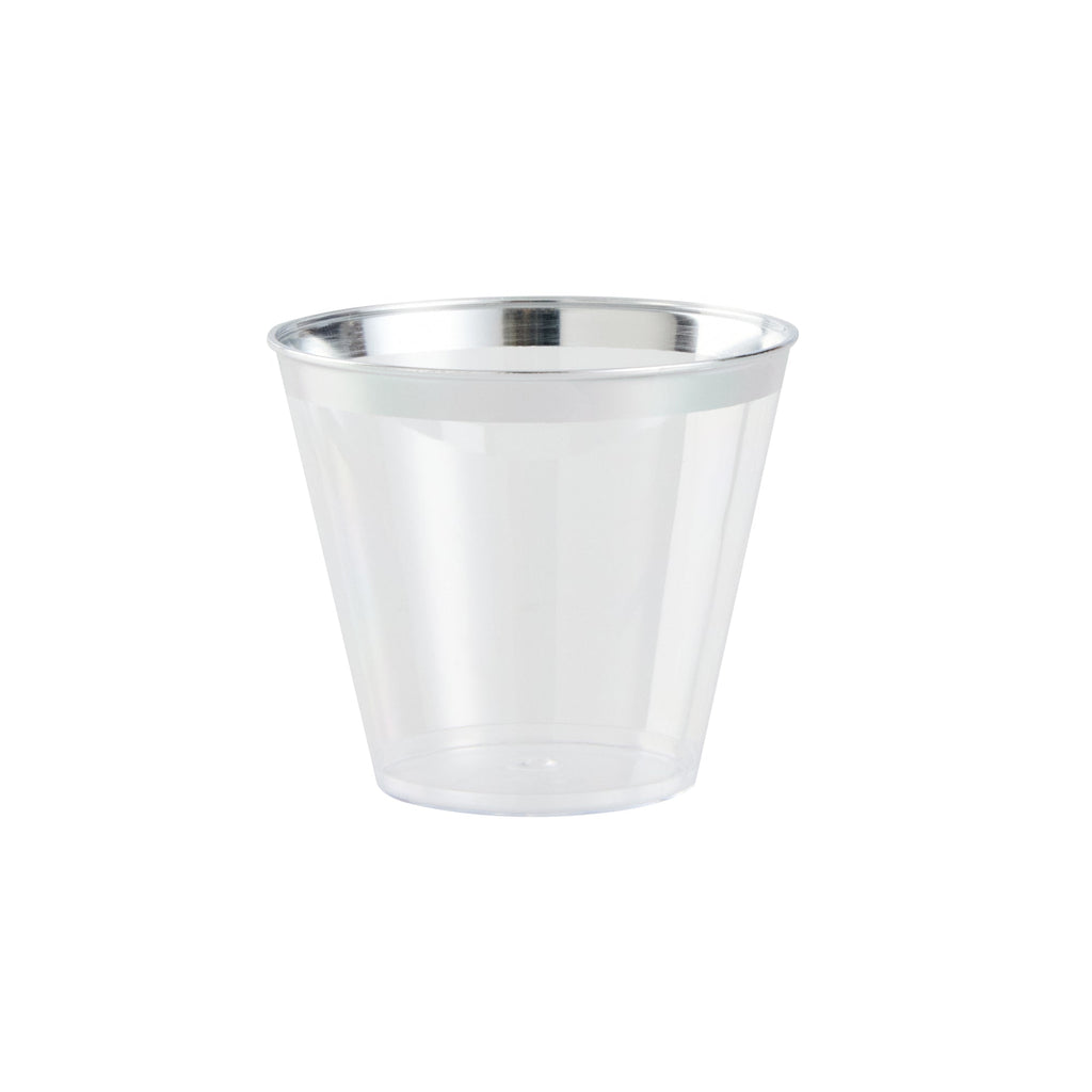 Chef 101 5 oz Clear Plastic Tumbler - with Silver Rim - 2 3/4" x 2 3/4" x 2 1/4" - 20 count box