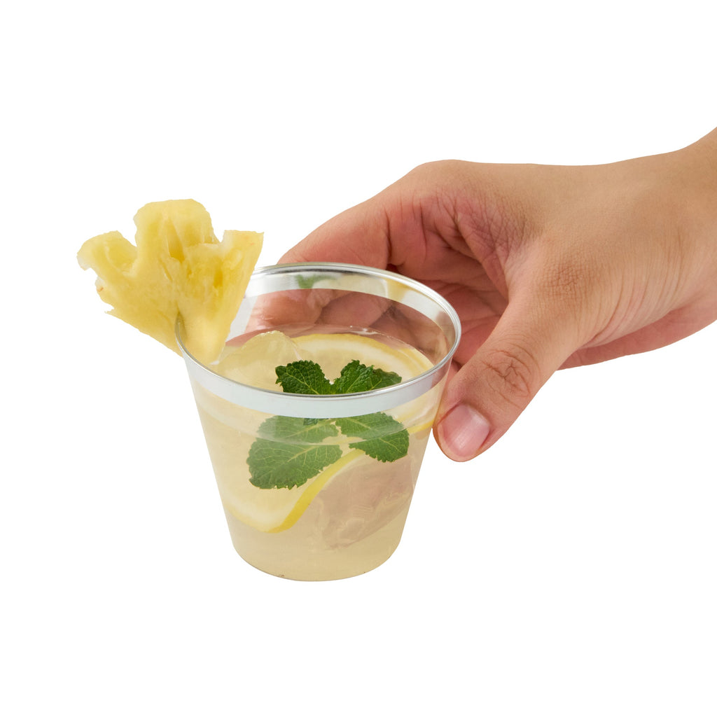 Chef 101 5 oz Clear Plastic Tumbler - with Silver Rim - 2 3/4" x 2 3/4" x 2 1/4" - 500 count box