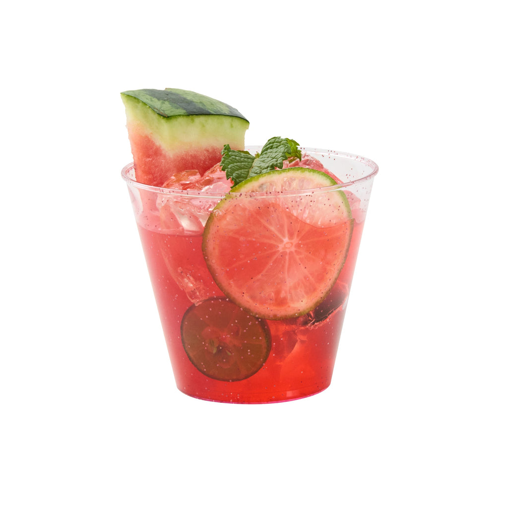 Chef 101 5 oz Pink Glitter Plastic Tumbler - 2 3/4" x 2 3/4" x 2 1/4" - 20 count box