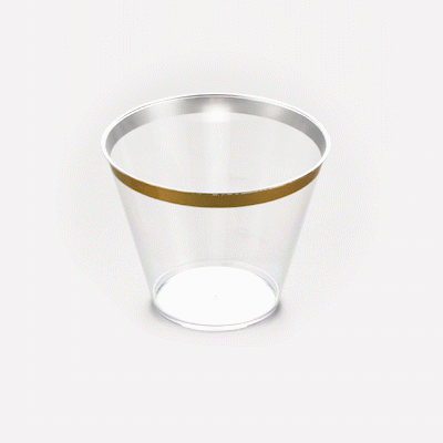 Chef 101 9 oz Clear Plastic Tumbler - with Gold Rim - 3 1/2" x 3 1/2" x 2 3/4" - 20 count box