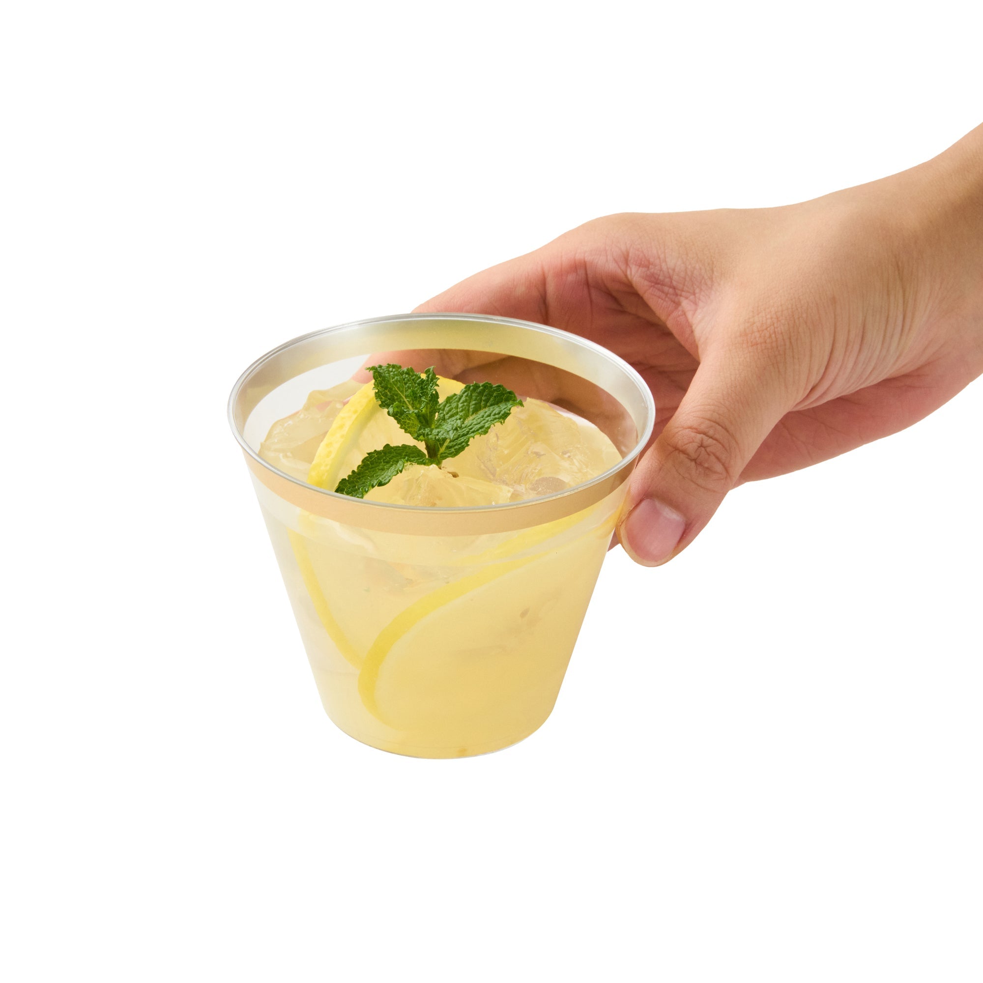Chef 101 9 oz Clear Plastic Tumbler - with Gold Rim - 3 1/2" x 3 1/2" x 2 3/4" - 500 count box