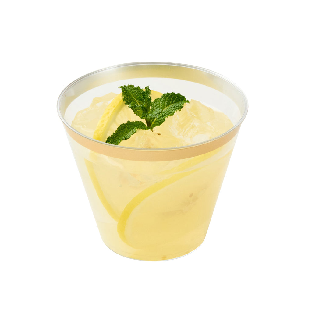 Chef 101 9 oz Clear Plastic Tumbler - with Gold Rim - 3 1/2" x 3 1/2" x 2 3/4" - 500 count box