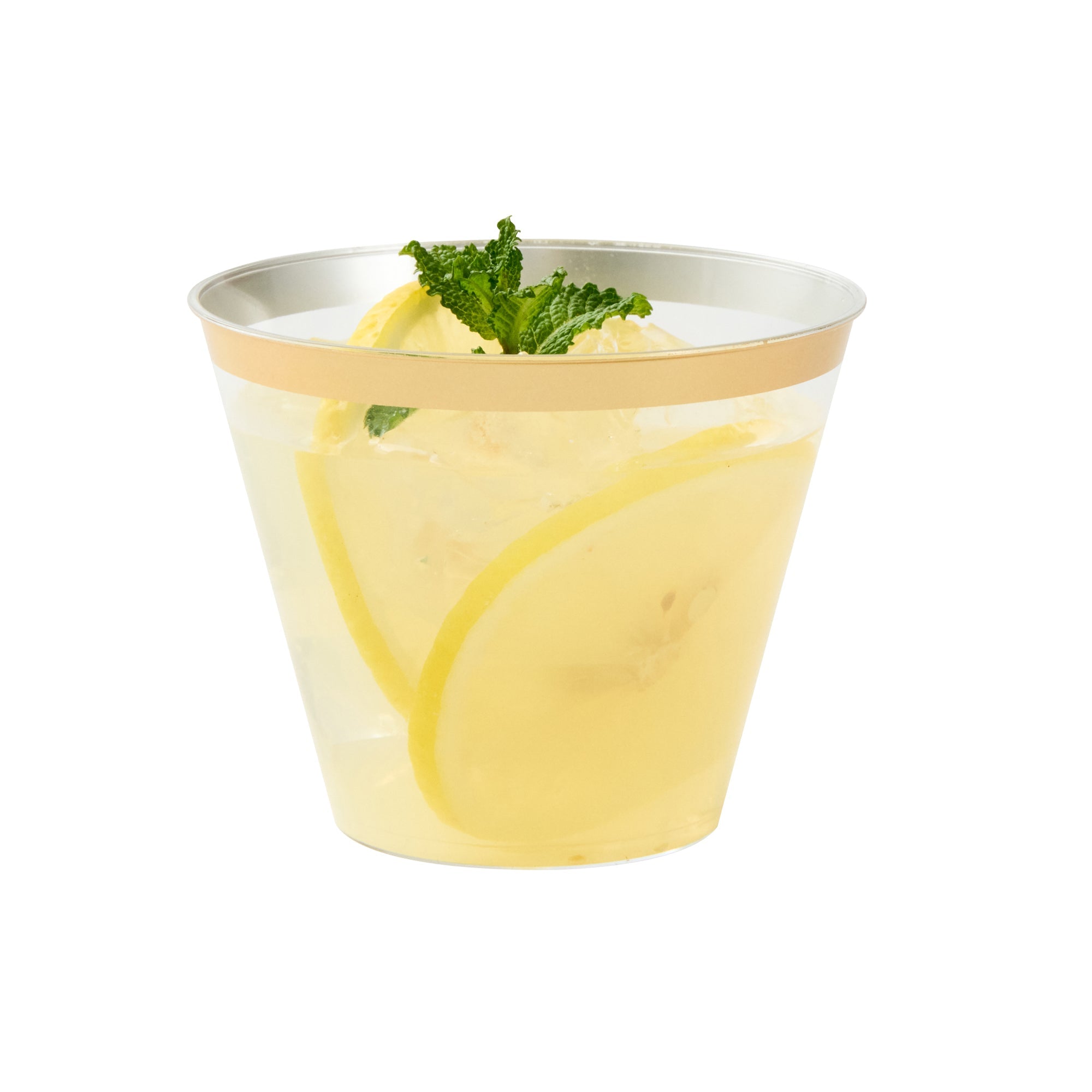 Chef 101 9 oz Clear Plastic Tumbler - with Gold Rim - 3 1/2" x 3 1/2" x 2 3/4" - 500 count box