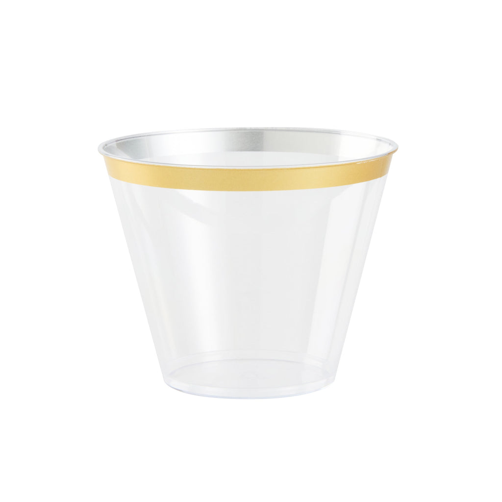 Chef 101 9 oz Clear Plastic Tumbler - with Gold Rim - 3 1/2" x 3 1/2" x 2 3/4" - 500 count box