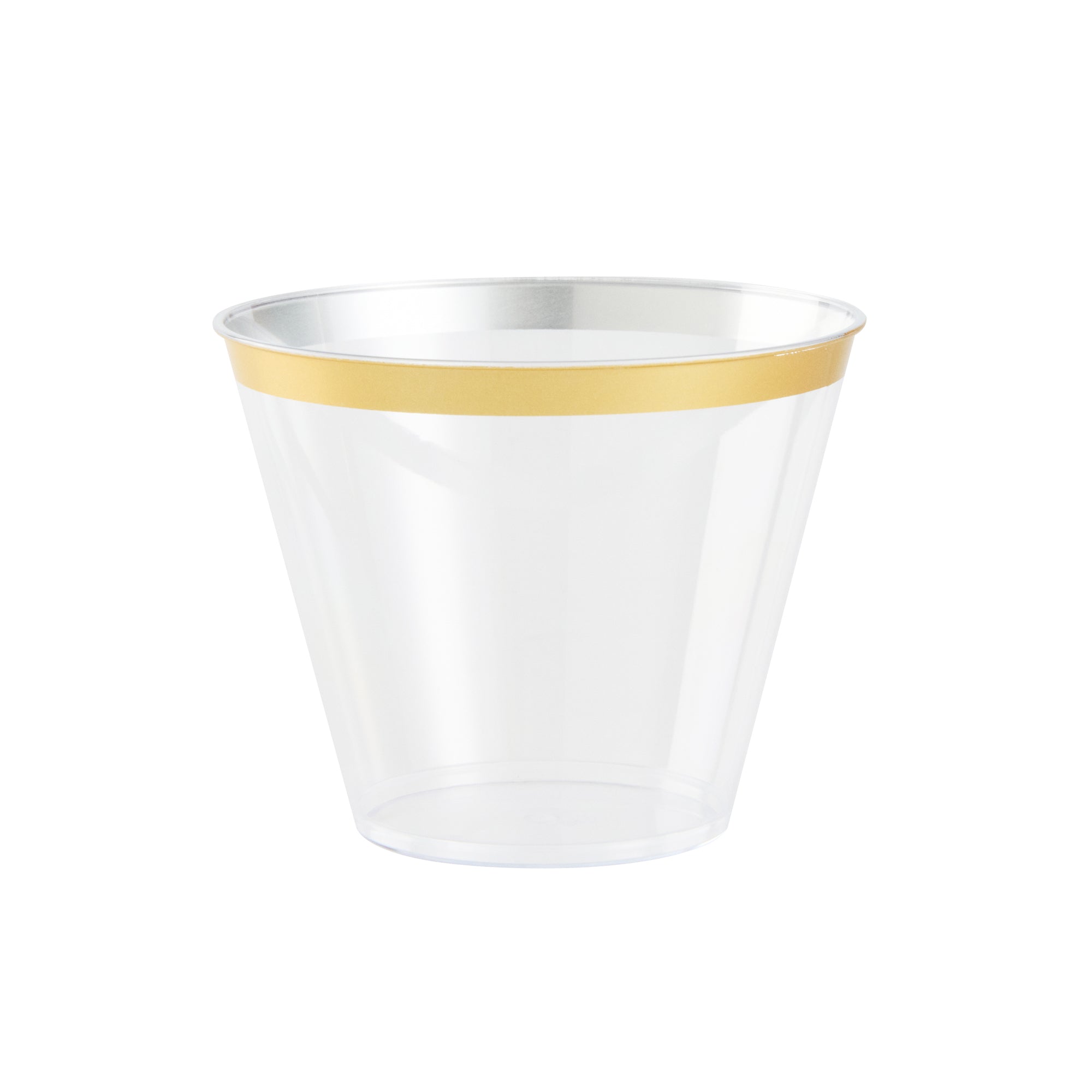 Chef 101 9 oz Clear Plastic Tumbler - with Gold Rim - 3 1/2" x 3 1/2" x 2 3/4" - 500 count box