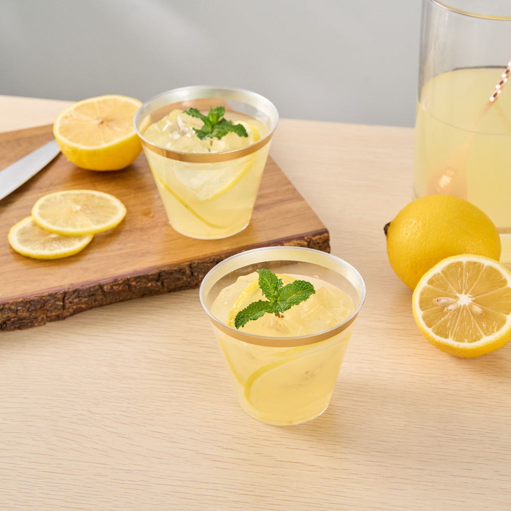 Chef 101 9 oz Clear Plastic Tumbler - with Gold Rim - 3 1/2" x 3 1/2" x 2 3/4" - 500 count box