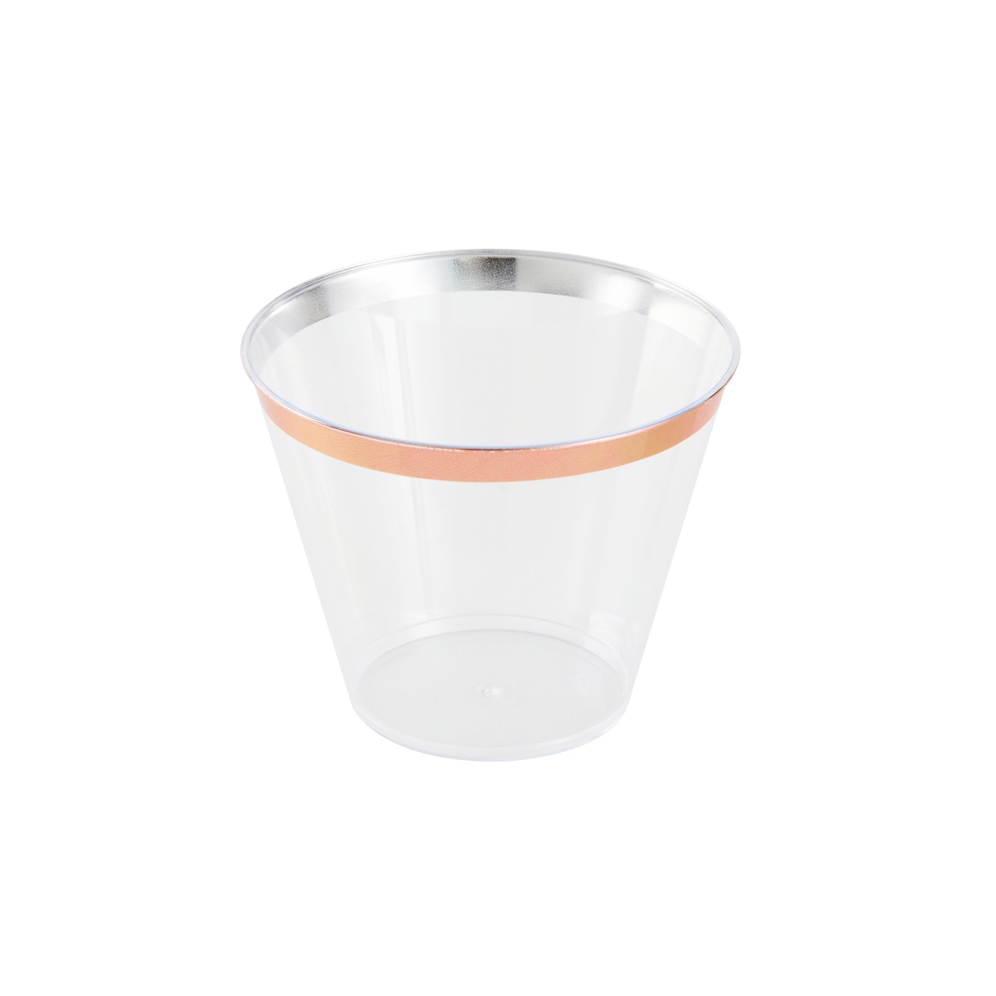 Chef 101 9 oz Clear Plastic Tumbler - with Rose Gold Rim - 3 1/2" x 3 1/2" x 2 3/4" - 500 count box