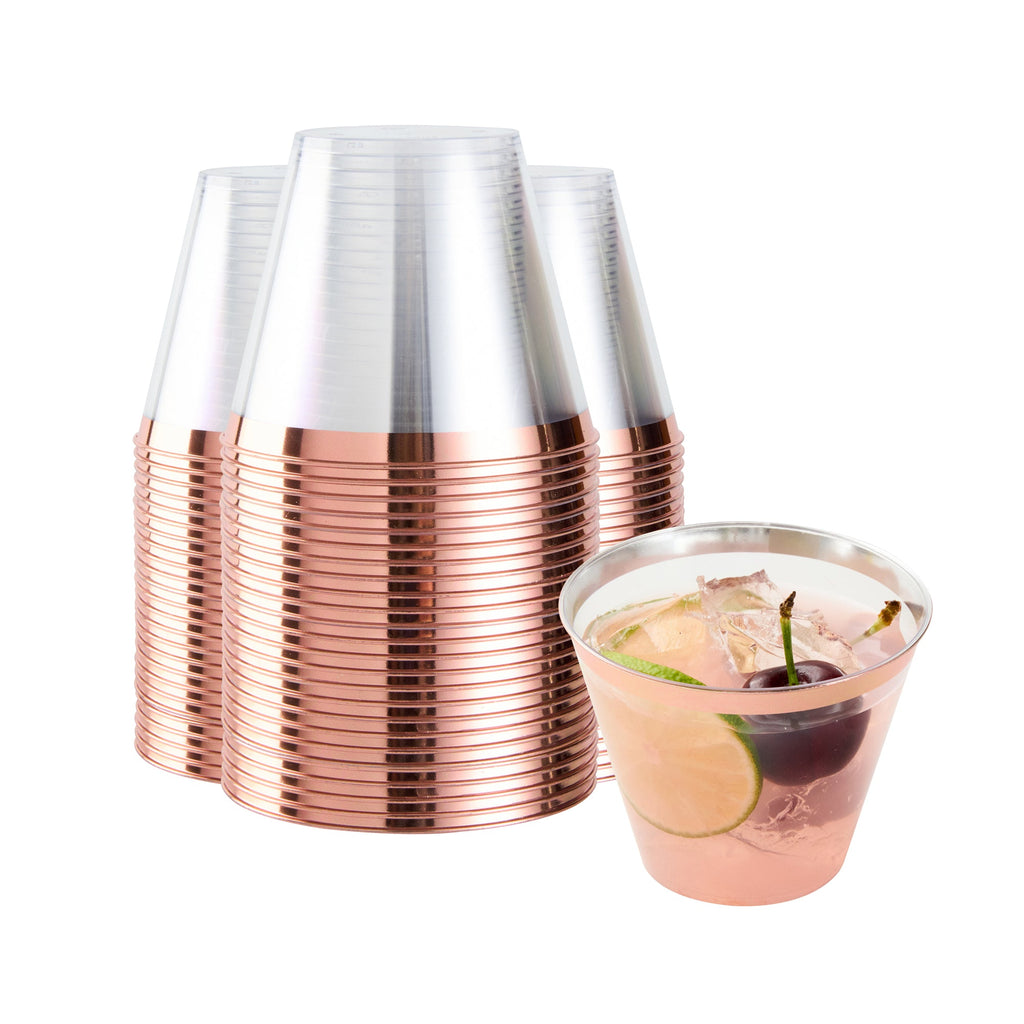 Chef 101 9 oz Clear Plastic Tumbler - with Rose Gold Rim - 3 1/2" x 3 1/2" x 2 3/4" - 500 count box