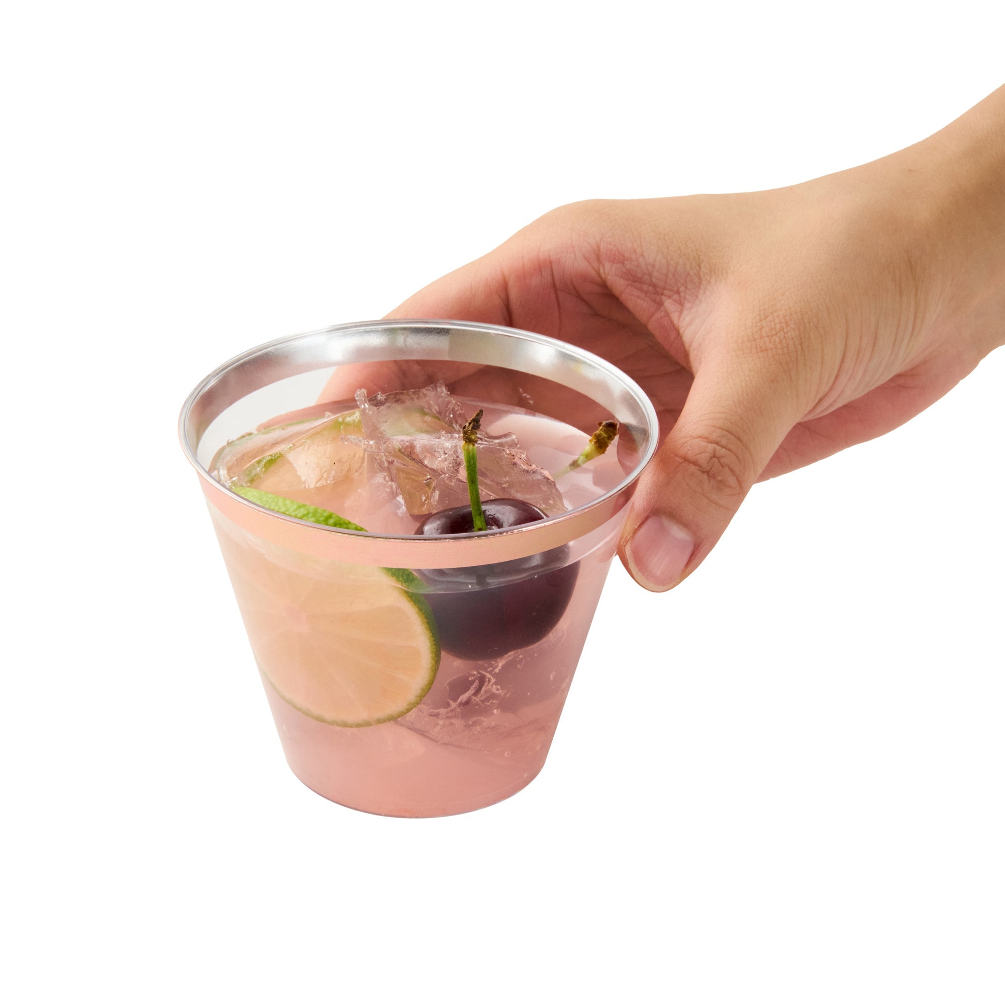 Chef 101 9 oz Clear Plastic Tumbler - with Rose Gold Rim - 3 1/2" x 3 1/2" x 2 3/4" - 20 count box