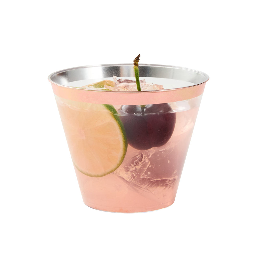 Chef 101 9 oz Clear Plastic Tumbler - with Rose Gold Rim - 3 1/2" x 3 1/2" x 2 3/4" - 20 count box