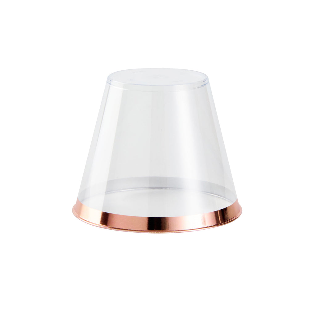 Chef 101 9 oz Clear Plastic Tumbler - with Rose Gold Rim - 3 1/2" x 3 1/2" x 2 3/4" - 20 count box