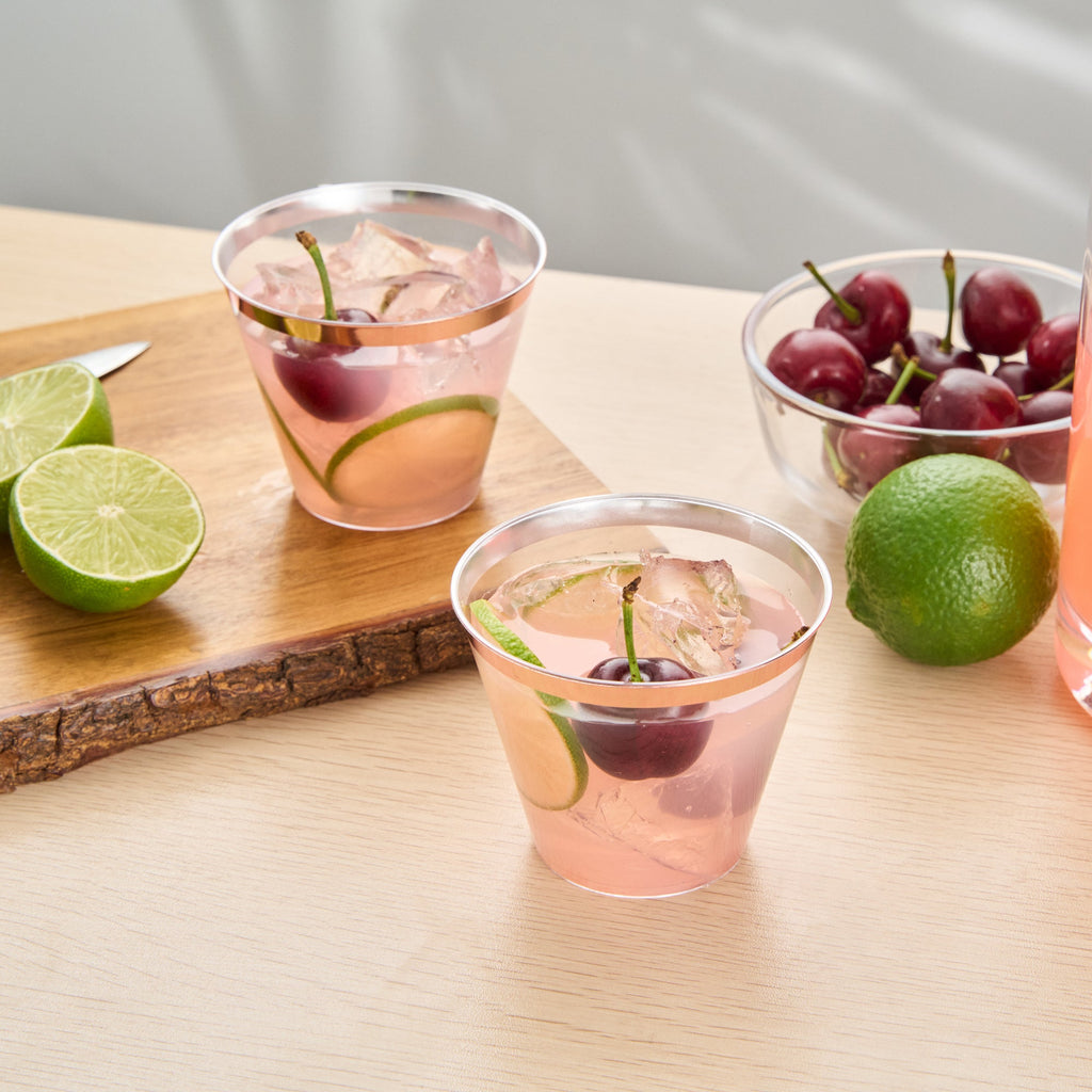 Chef 101 9 oz Clear Plastic Tumbler - with Rose Gold Rim - 3 1/2" x 3 1/2" x 2 3/4" - 20 count box