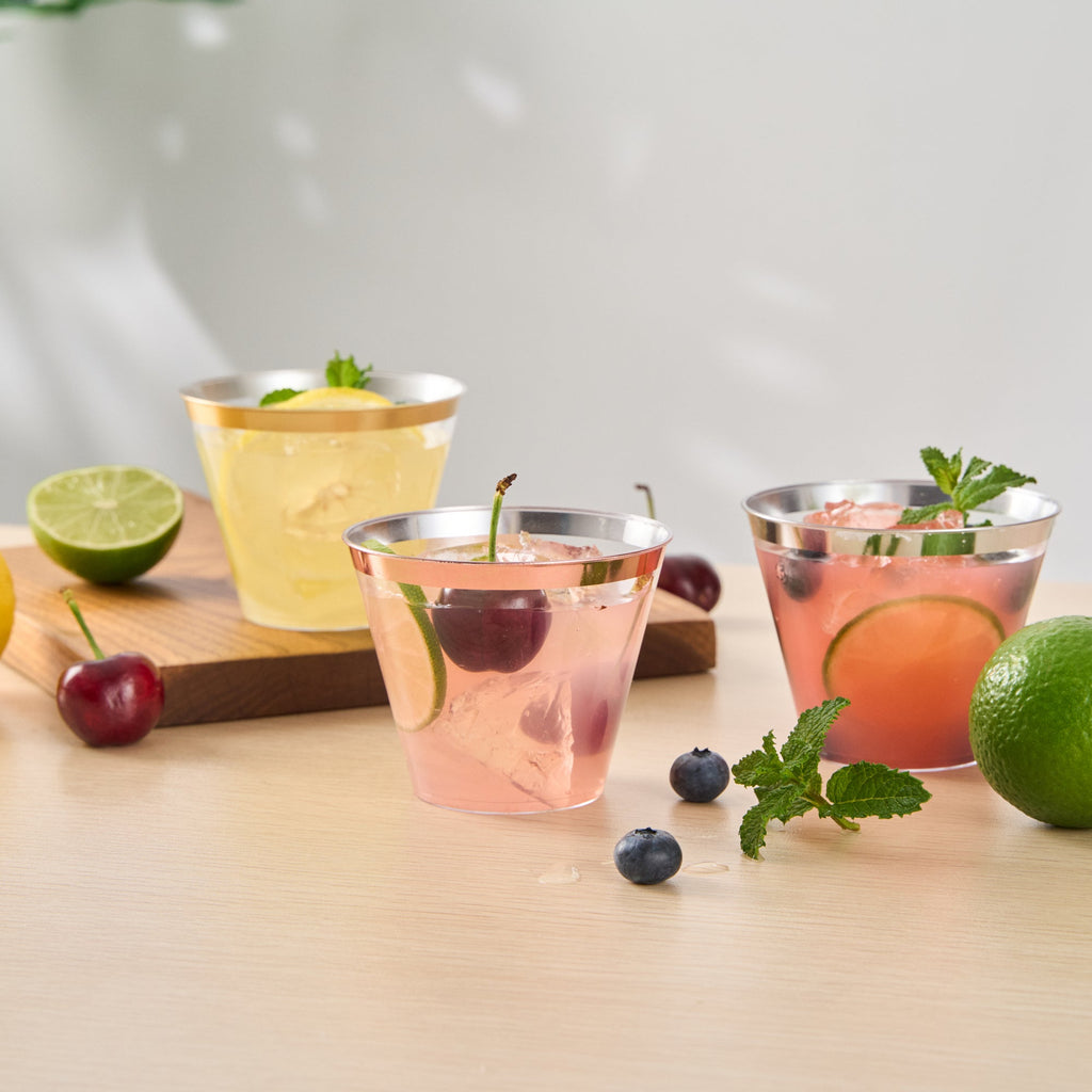 Chef 101 9 oz Clear Plastic Tumbler - with Rose Gold Rim - 3 1/2" x 3 1/2" x 2 3/4" - 20 count box