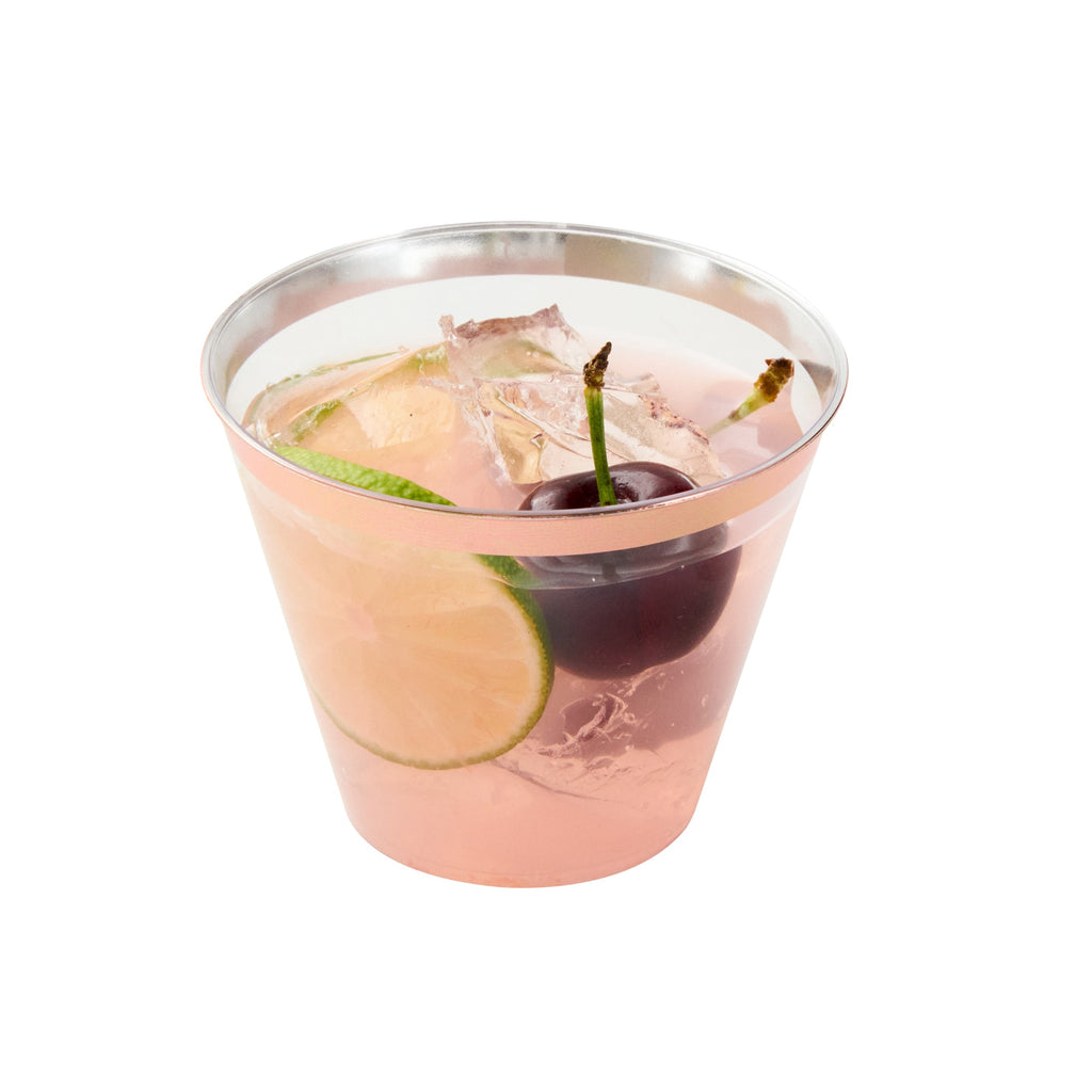 Chef 101 9 oz Clear Plastic Tumbler - with Rose Gold Rim - 3 1/2" x 3 1/2" x 2 3/4" - 500 count box