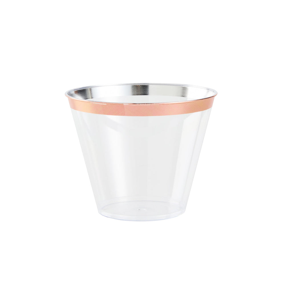 Chef 101 9 oz Clear Plastic Tumbler - with Rose Gold Rim - 3 1/2" x 3 1/2" x 2 3/4" - 500 count box