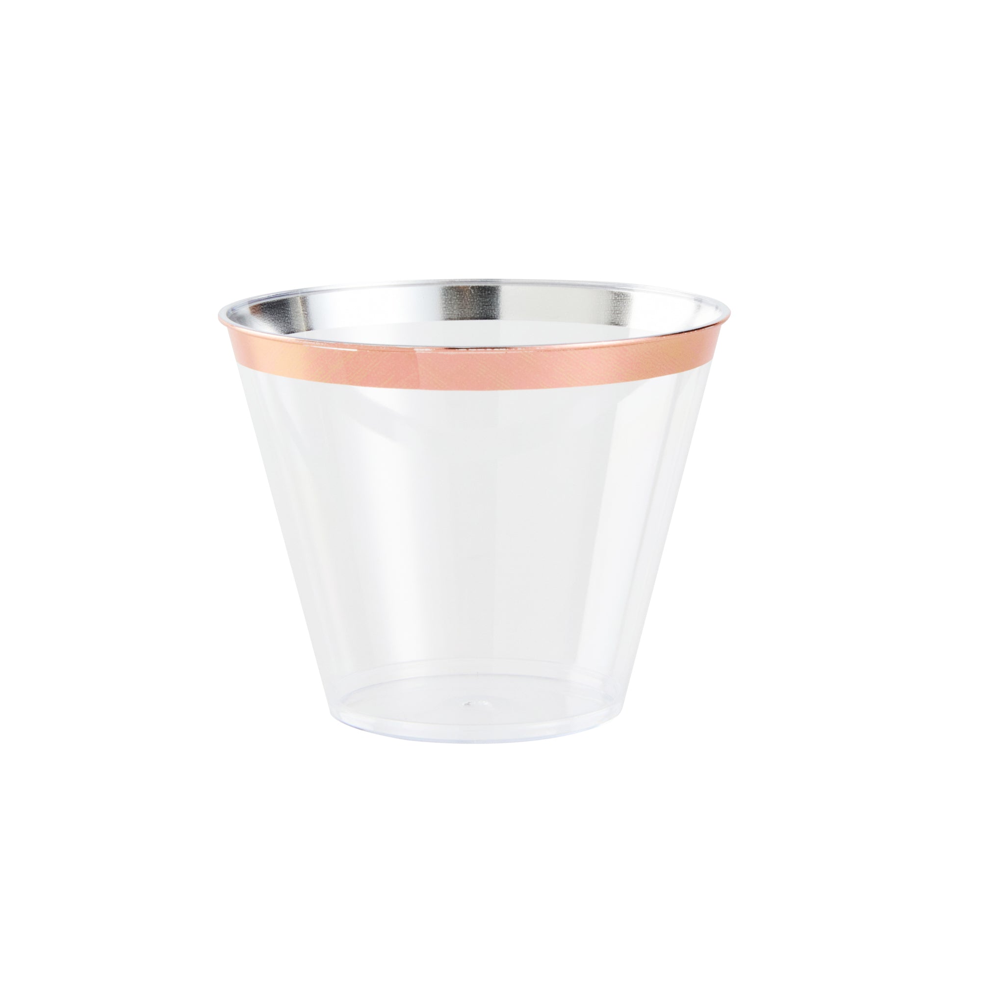 Chef 101 9 oz Clear Plastic Tumbler - with Rose Gold Rim - 3 1/2" x 3 1/2" x 2 3/4" - 500 count box