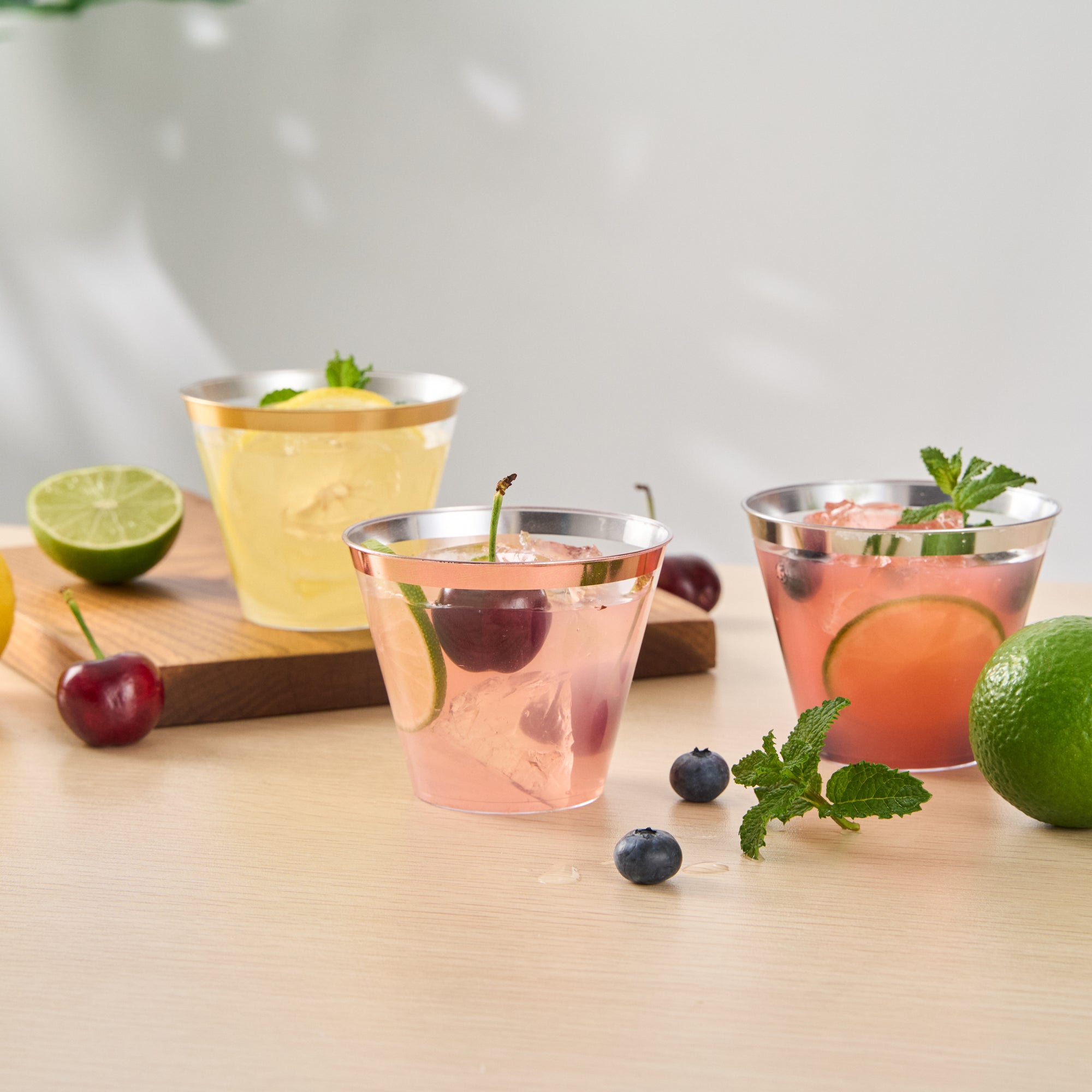 Chef 101 9 oz Clear Plastic Tumbler - with Rose Gold Rim - 3 1/2" x 3 1/2" x 2 3/4" - 500 count box
