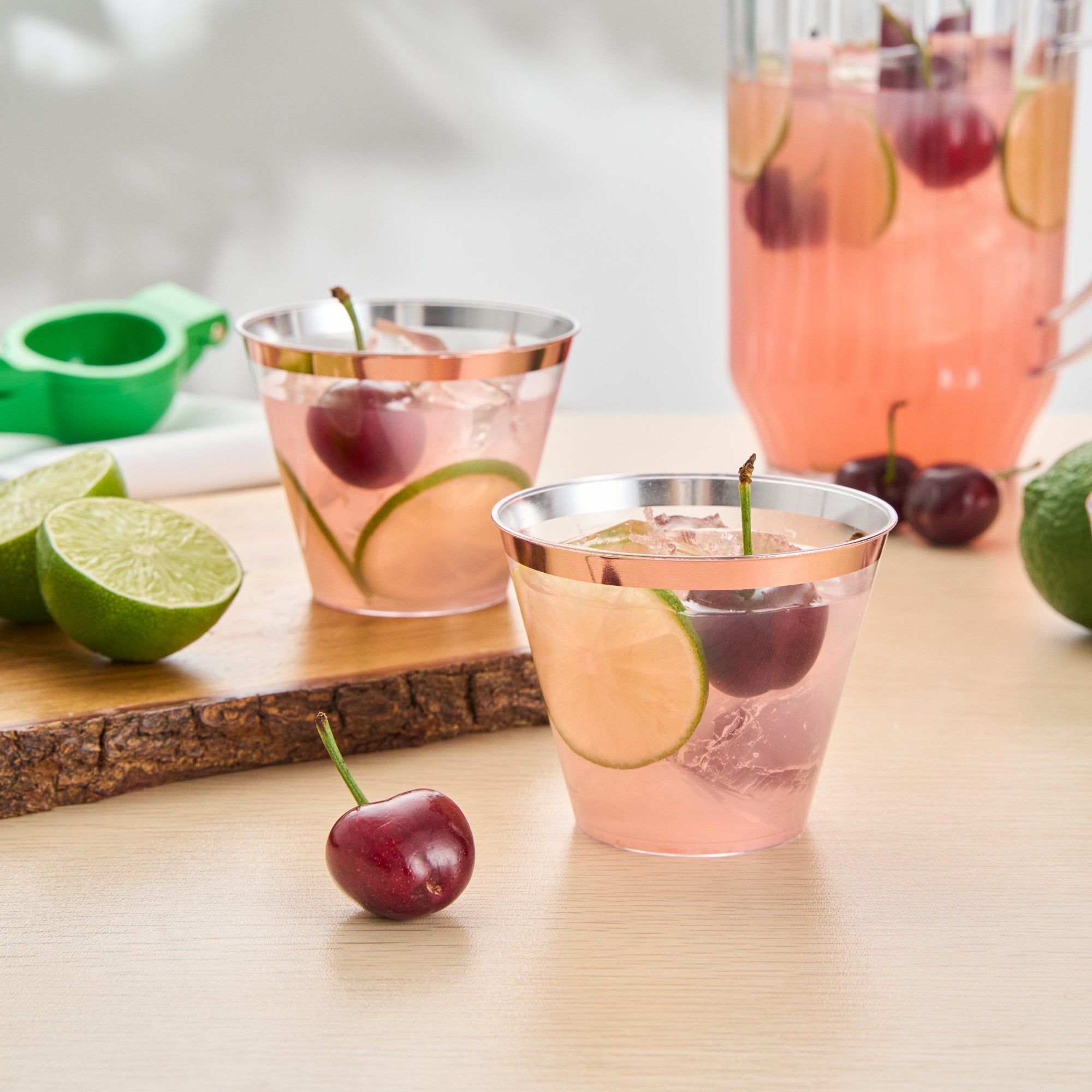 Chef 101 9 oz Clear Plastic Tumbler - with Rose Gold Rim - 3 1/2" x 3 1/2" x 2 3/4" - 500 count box