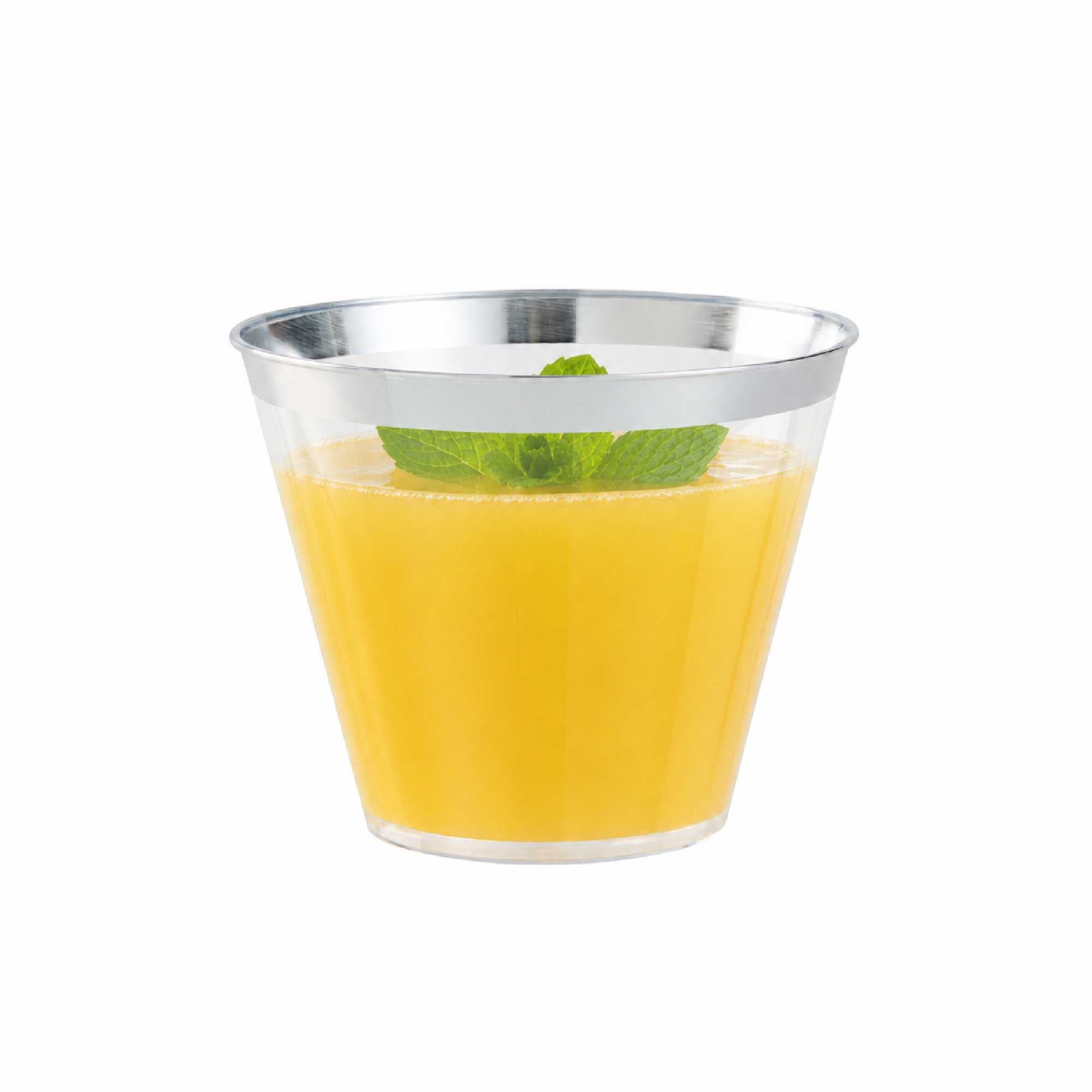 Chef 101 9 oz Clear Plastic Tumbler - with Silver Rim - 3 1/2" x 3 1/2" x 2 3/4" - 20 count box
