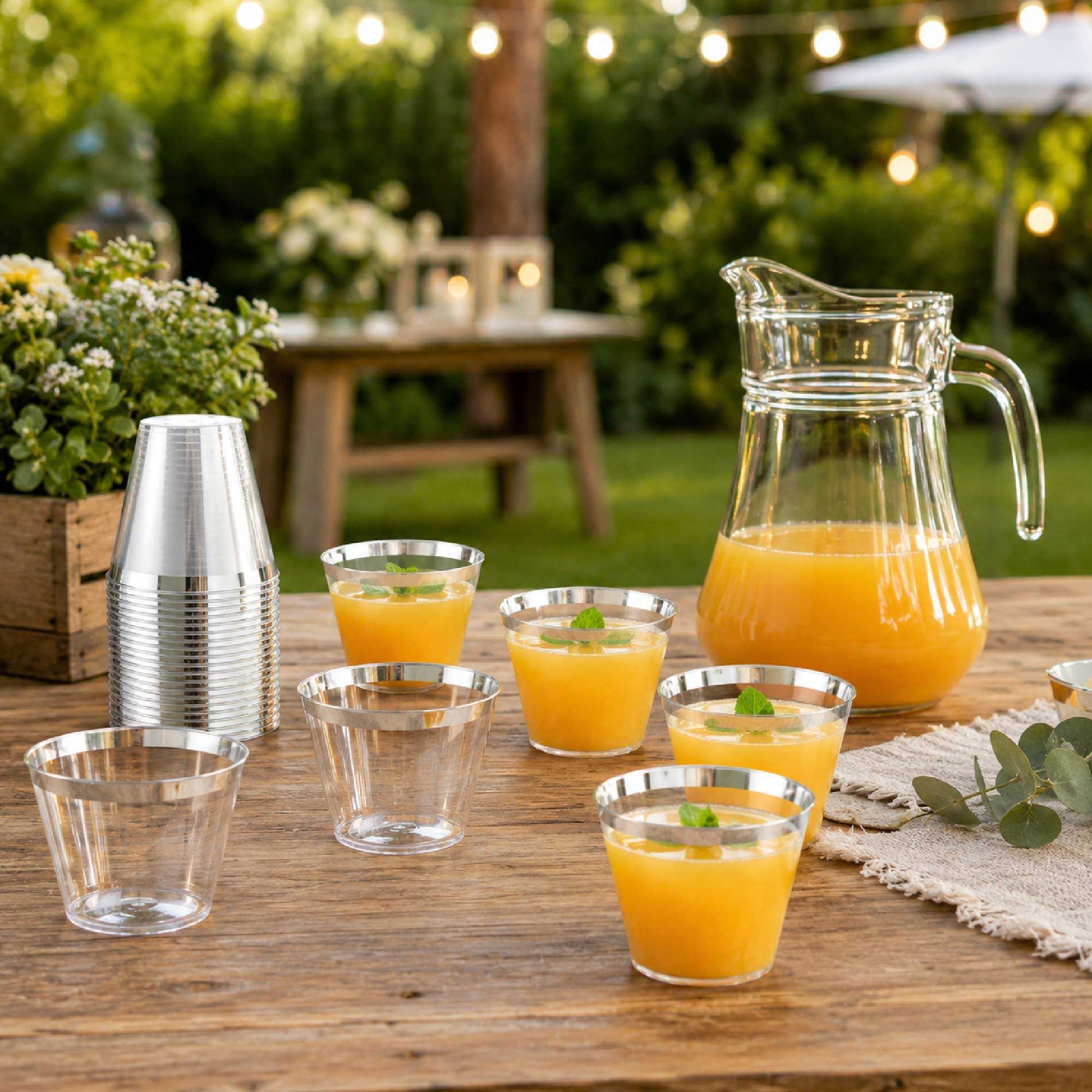 Chef 101 9 oz Clear Plastic Tumbler - with Silver Rim - 3 1/2" x 3 1/2" x 2 3/4" - 20 count box