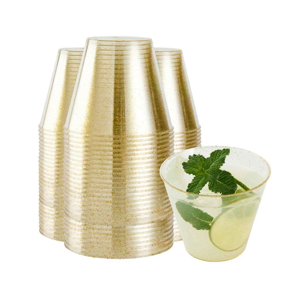 Chef 101 9 oz Gold Glitter Plastic Tumbler - 3 1/2" x 3 1/2" x 2 3/4" - 20 count box